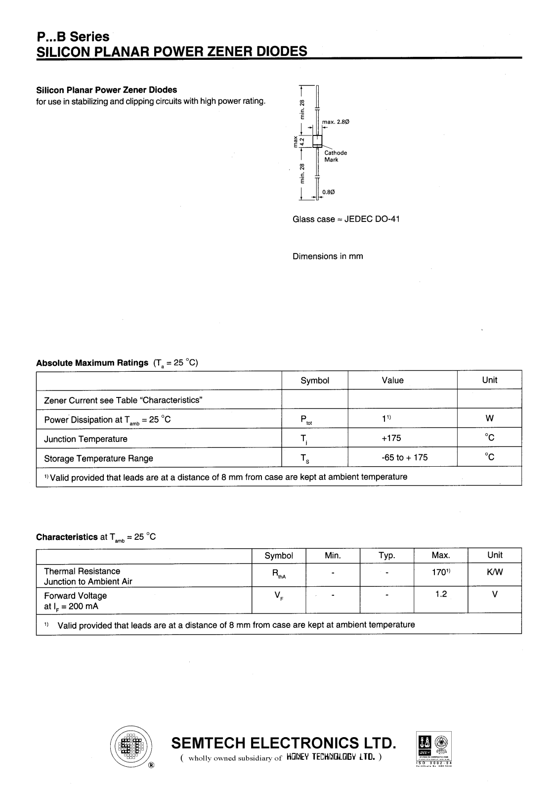 SEMTECH ELECTRONICS P11VB, P12VB, P20VB, P3V6B, P4V3B Datasheet