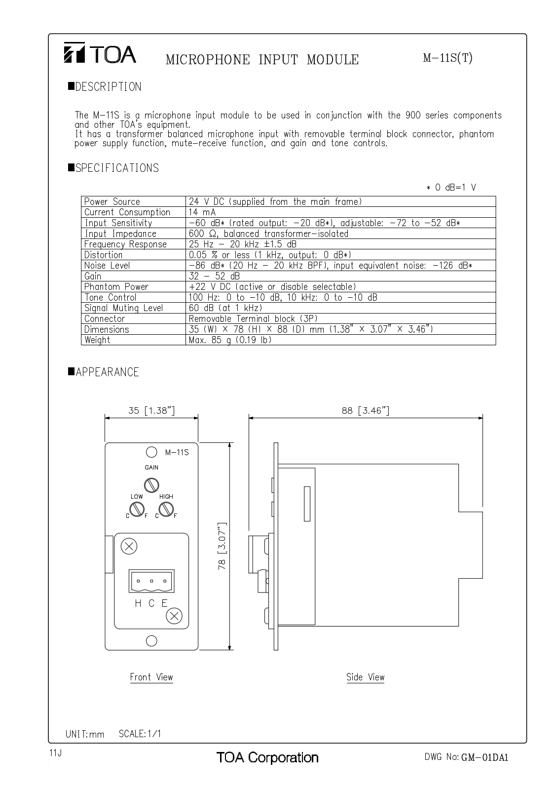 TOA M-11S T User Manual