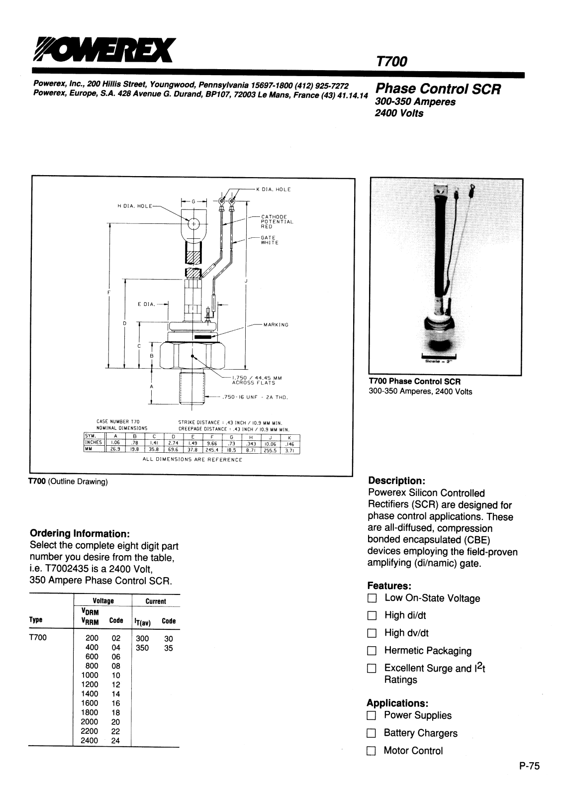 POWEREX T700143504BY, T700123504BY, T700143004BY, T700123004BY, T700103504BY Datasheet