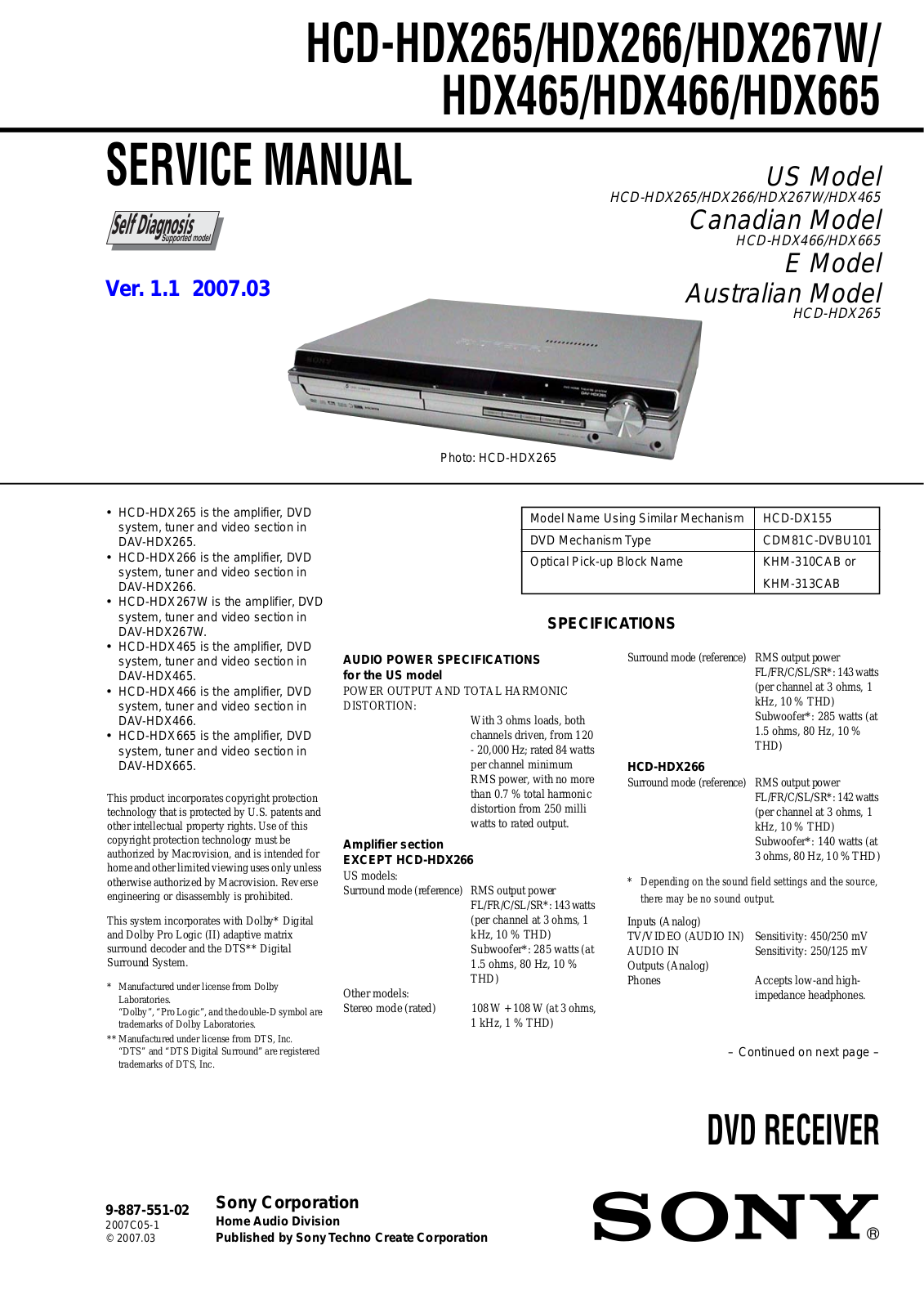 Sony HCDHDX-265, HCDHDX-267-W, HCDHDX-266, HCDHDX-465, HCDHDX-466 Service manual