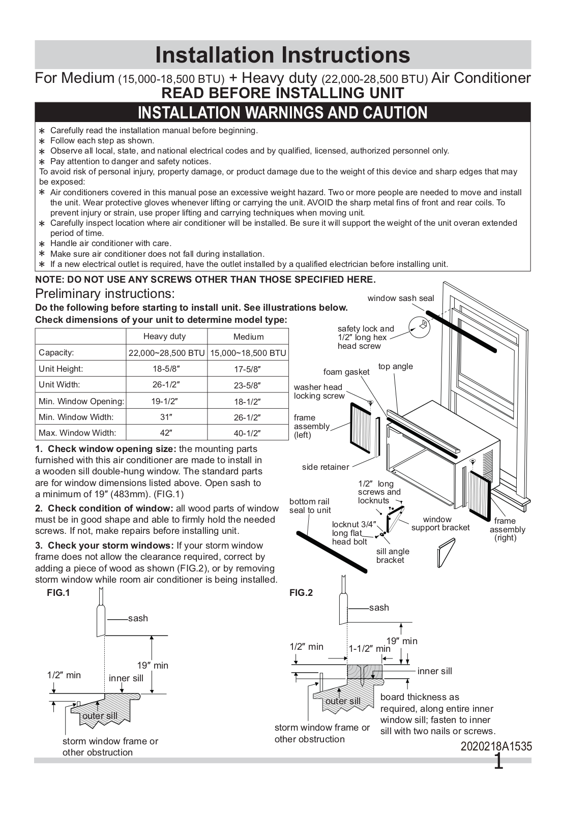 Frigidaire FFRA2822R2, FFRA2922Q2, FFRE1833Q2, FFRE2233Q2, FFRE2533Q2 Installation Instructions