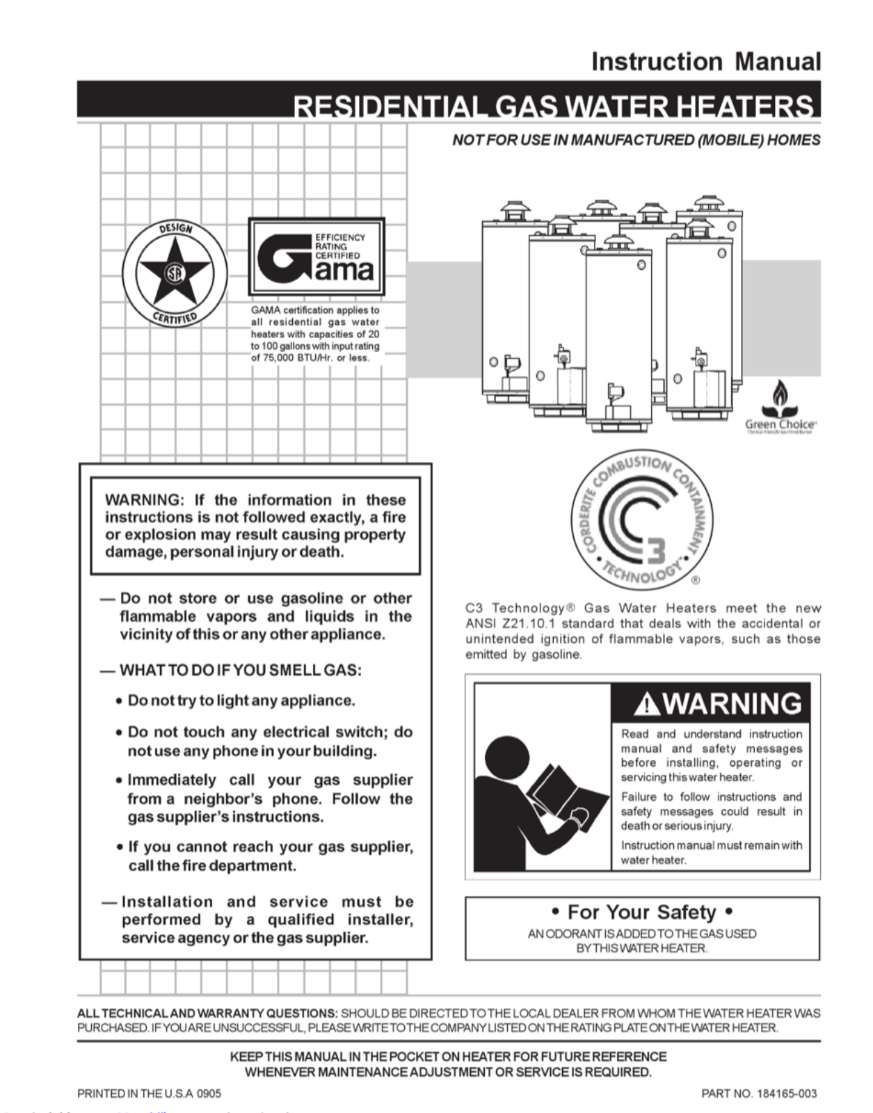 C3 Technology RESIDENTIAL GAS WATER HEATERS Instruction Manual