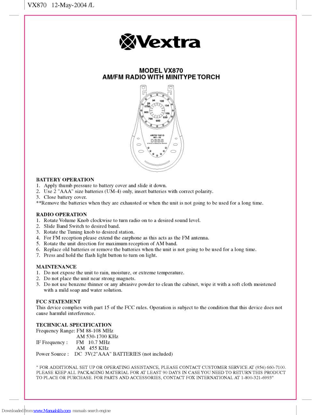 Vextra VX870 Operating Instructions Manual