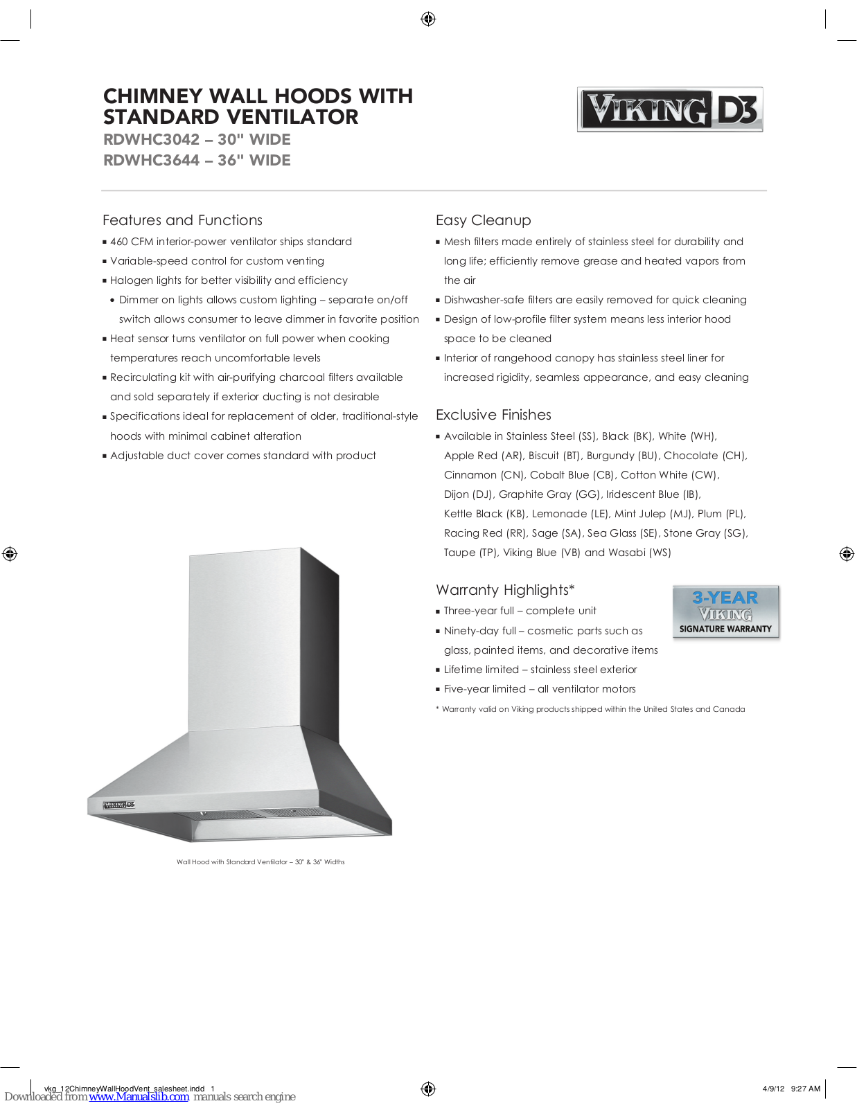 Viking 30-inch-RDWHC, 36-inch-RDWHC, RDWHC3042, RDWHC3644 Specifications - ManualMachine.com