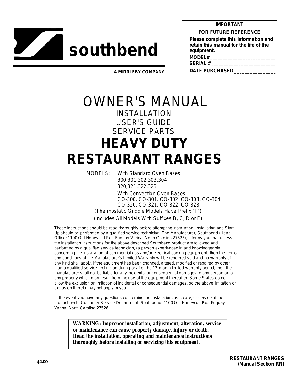 Southbend Range 300 Operators Manual