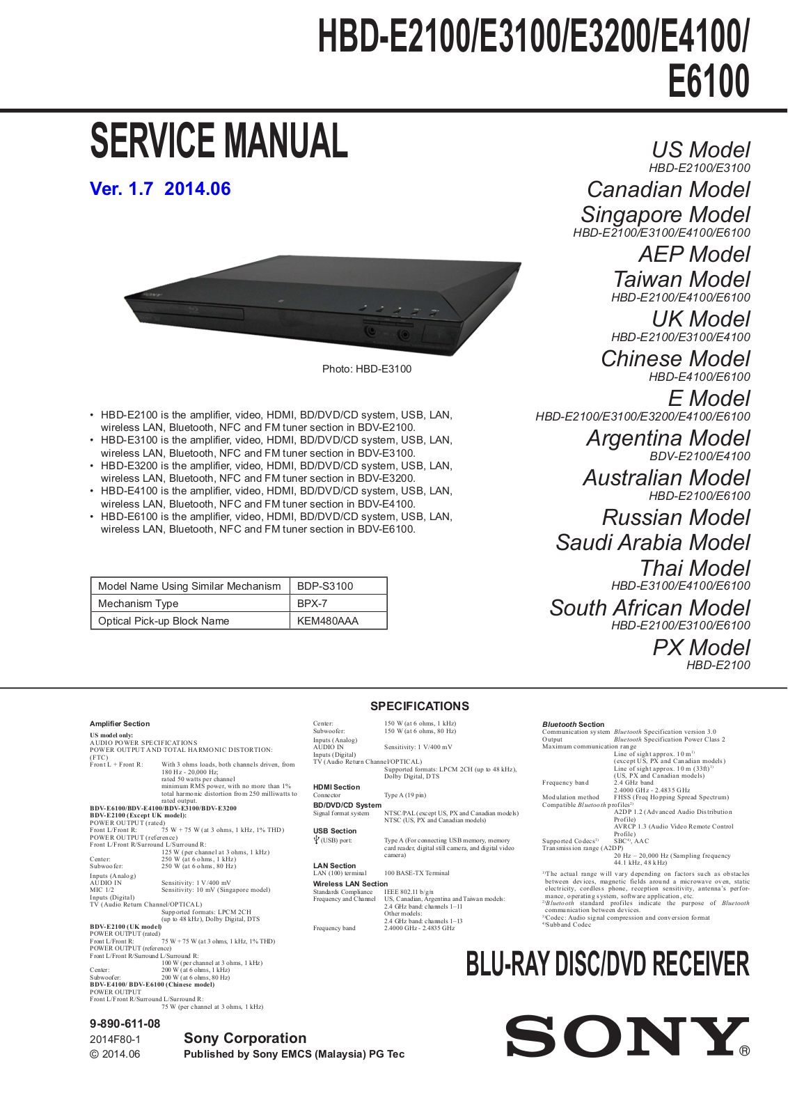 Sony HBD-E2100, HBD-E3100, HBD-E3200, HBD-E4100, HBD-E6100 Schematic