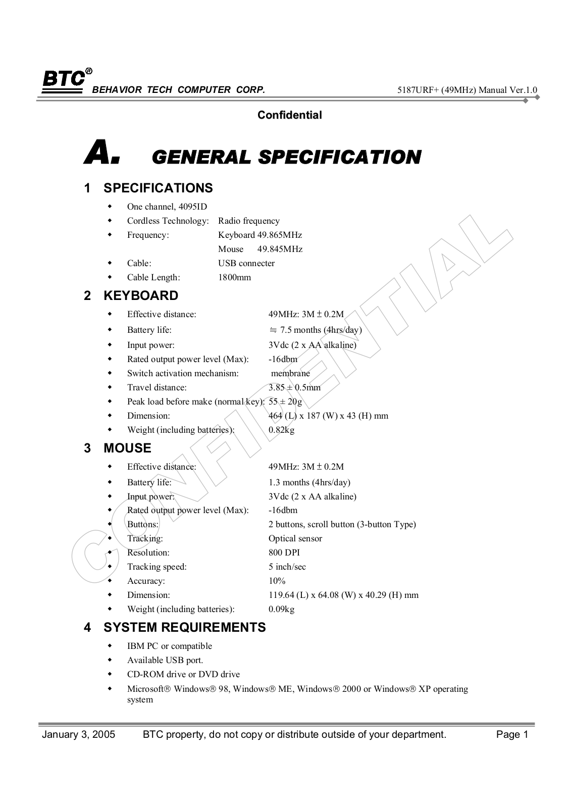 Behavior Tech Computer MS5187URF49 Users manual