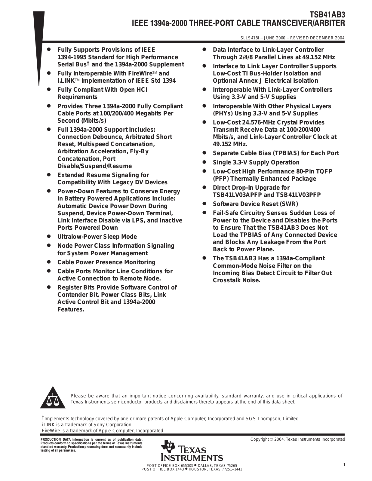 TEXAS INSTRUMENTS TSB41AB3 Technical data