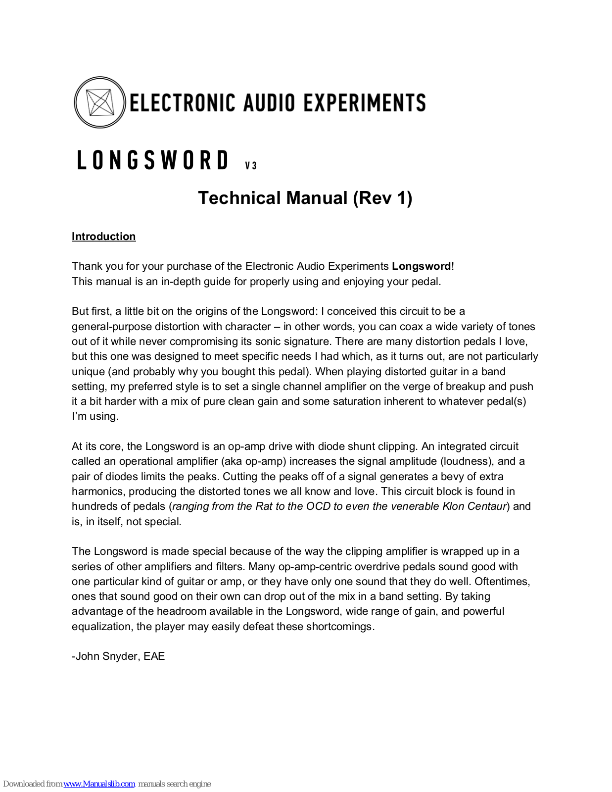 Electronic Audio Experiments Longsword Technical Manual