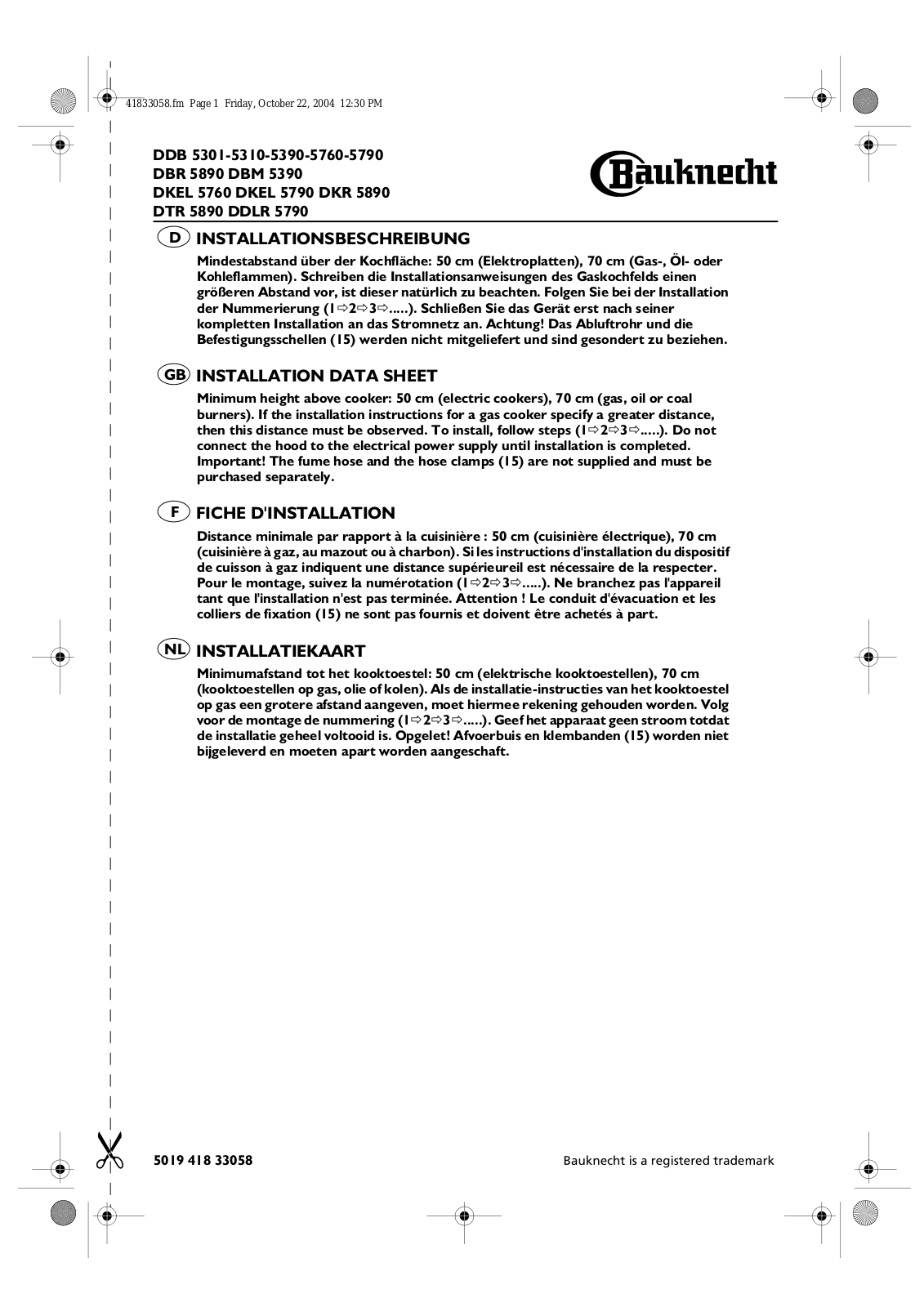 Whirlpool ddb 5301, ddb 5310, ddb5390, ddb5760, ddb 5790 Installation datasheet