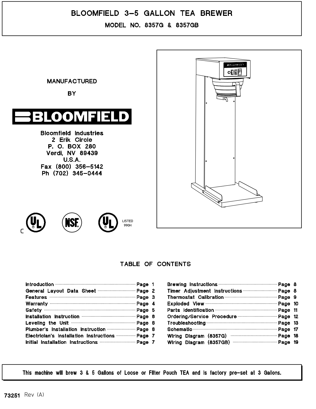 Bloomfield 8357G Parts List