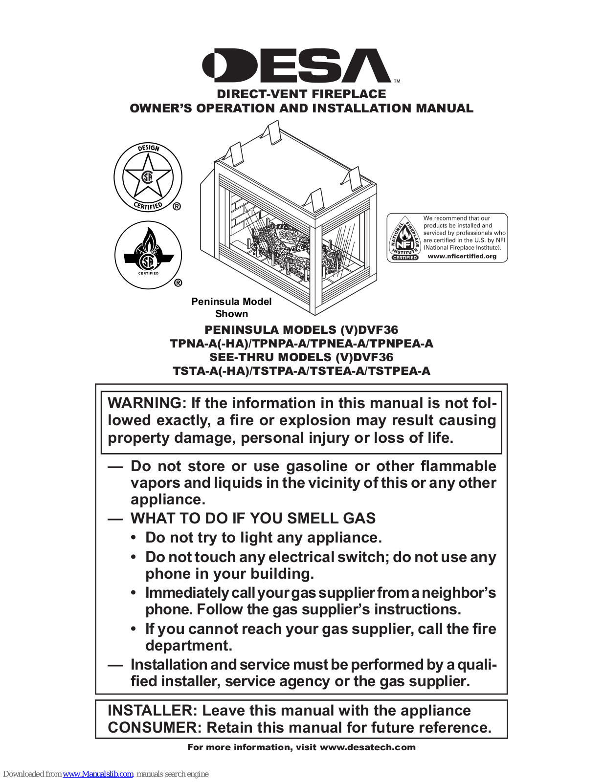 Desa TPNPEA-A, TSTEA-A, TSTPA-A, TSTPEA-A, DVF36TPNA-A-HA Owner's Operation And Installation Manual