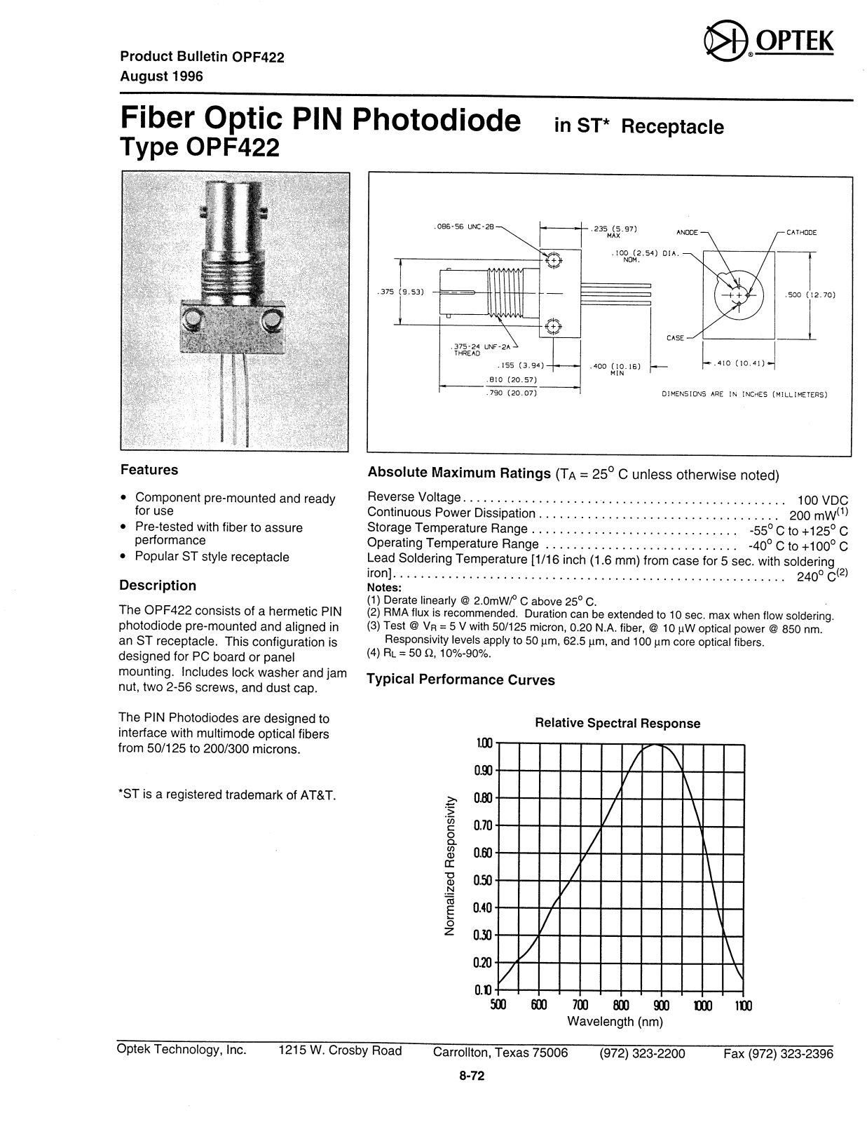 Datasheet OPF422 Datasheet (OPTEK) - ManualMachine.com