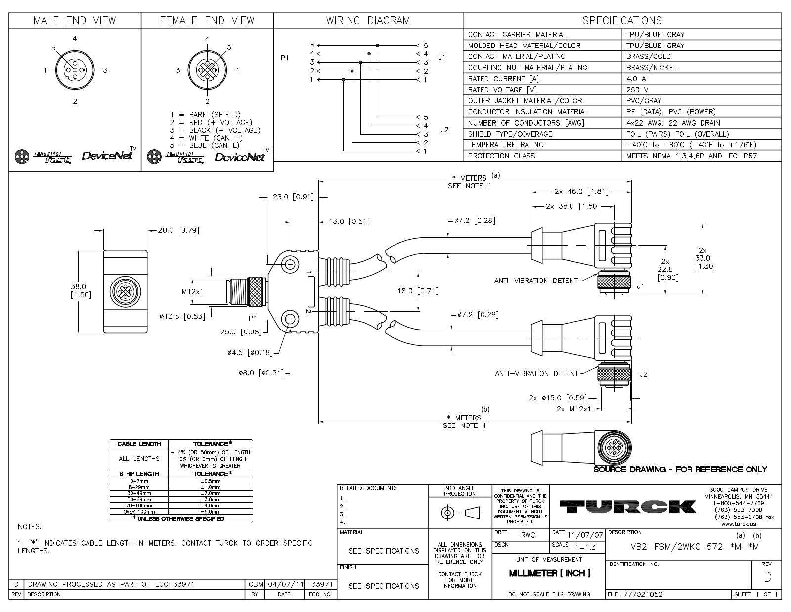 Turck VB2-FSM/2WKC572-0.4M-0.5M Specification Sheet