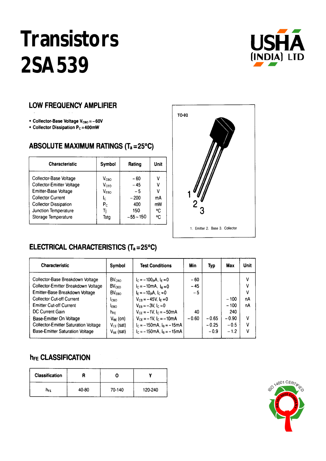 USHA 2SA539 Datasheet