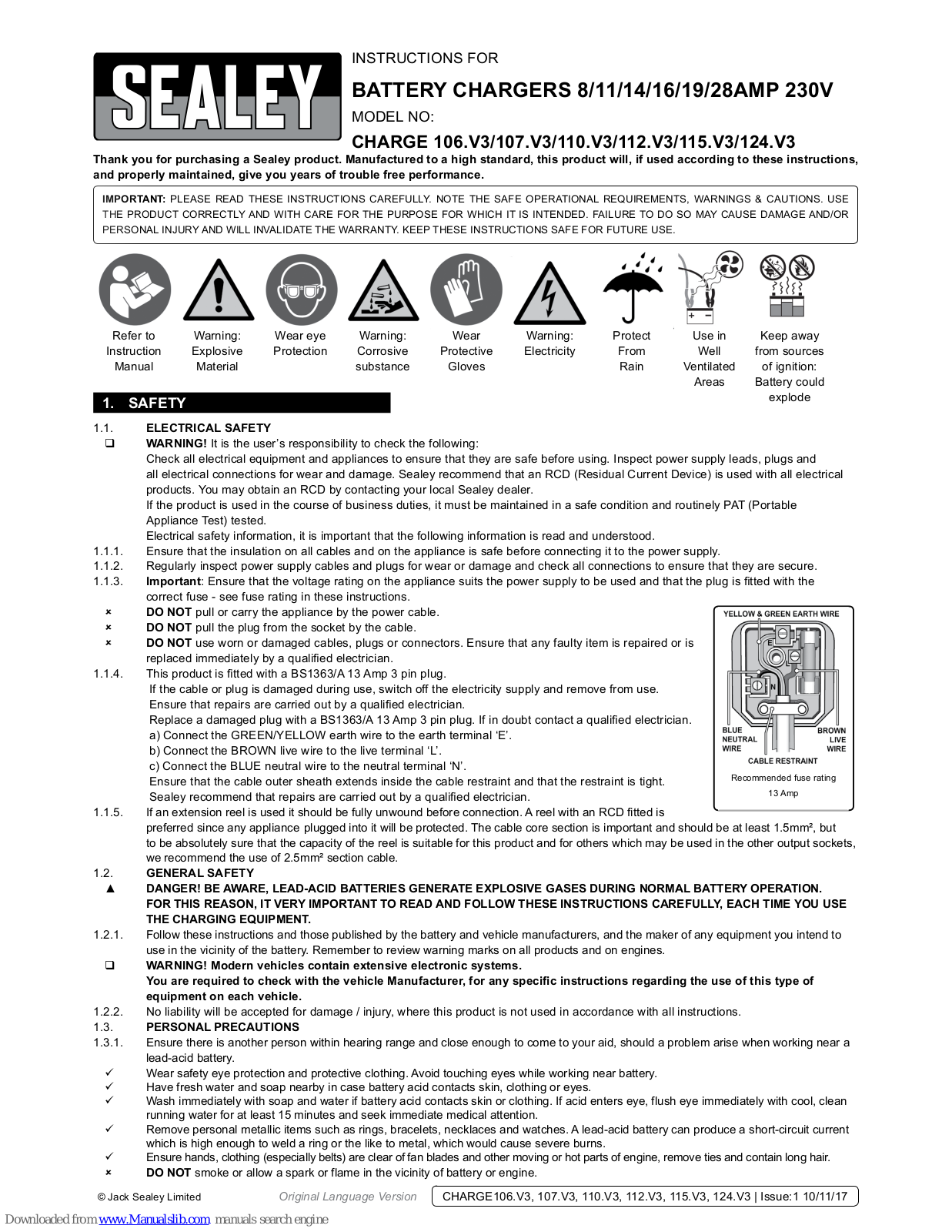 Sealey CHARGE 106.V3,CHARGE 107.V3,CHARGE 112.V3,CHARGE 110.V3,CHARGE 115.V3,CHARGE 124.V3 Instructions Manual