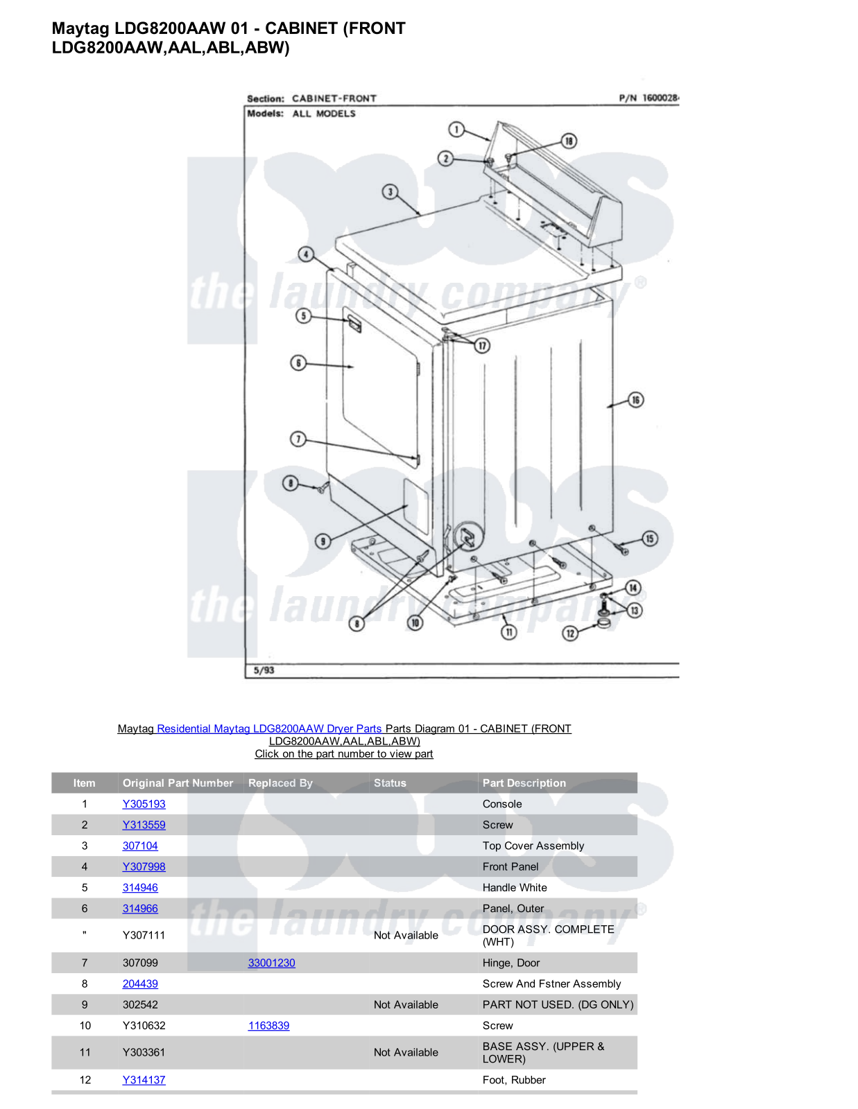 Maytag LDG8200AAW Parts Diagram