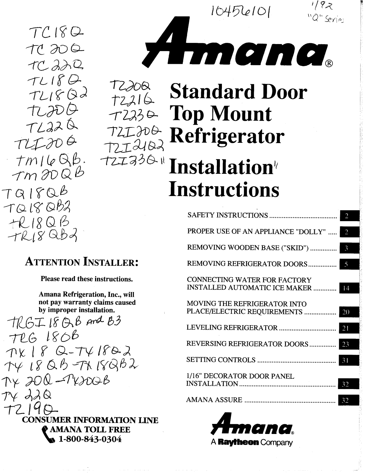 Amana TC20QW, TC18QW, TL18QW, TL20QW, TC22QW Installation Instructions