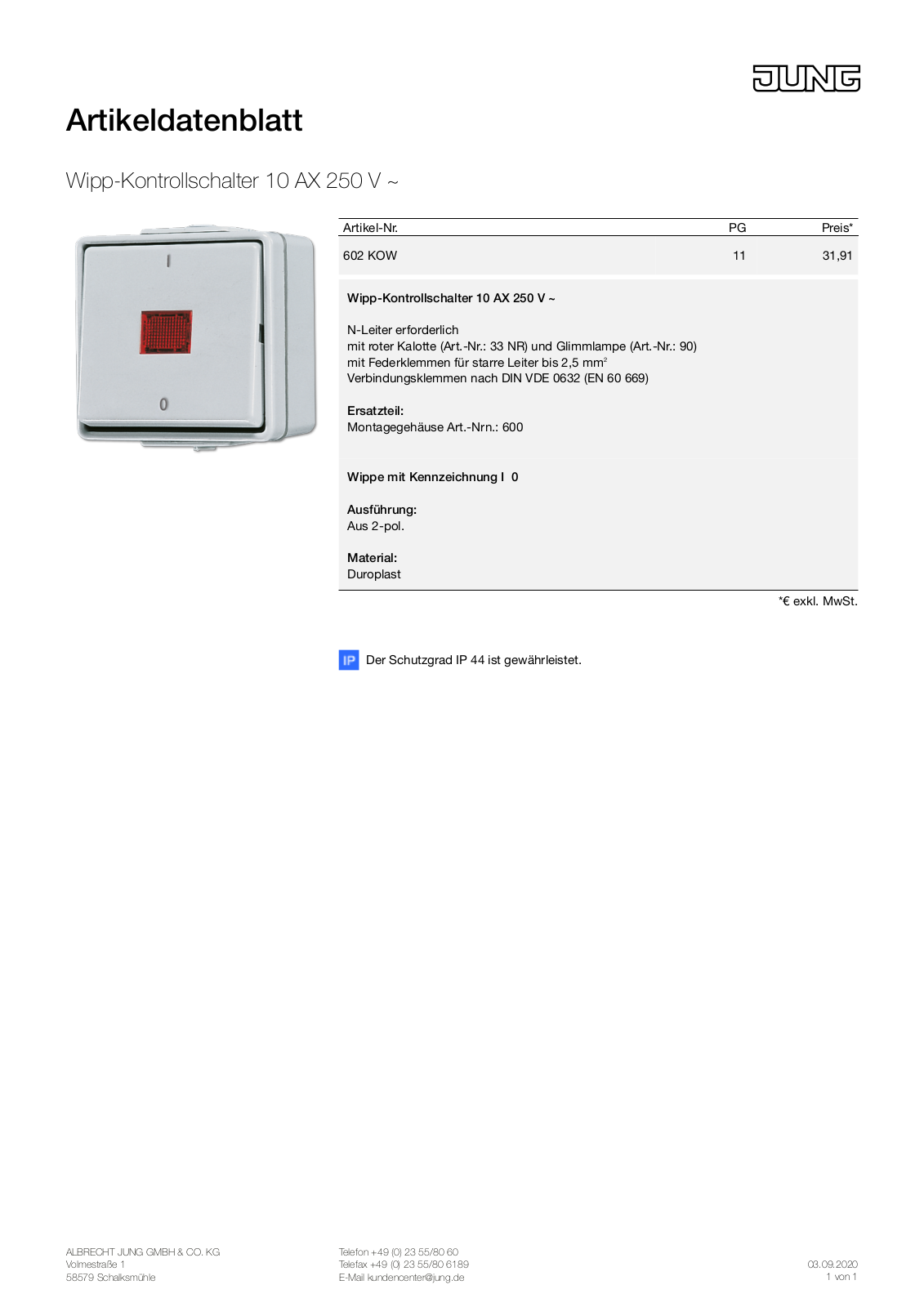 Jung 602 KOW User Manual