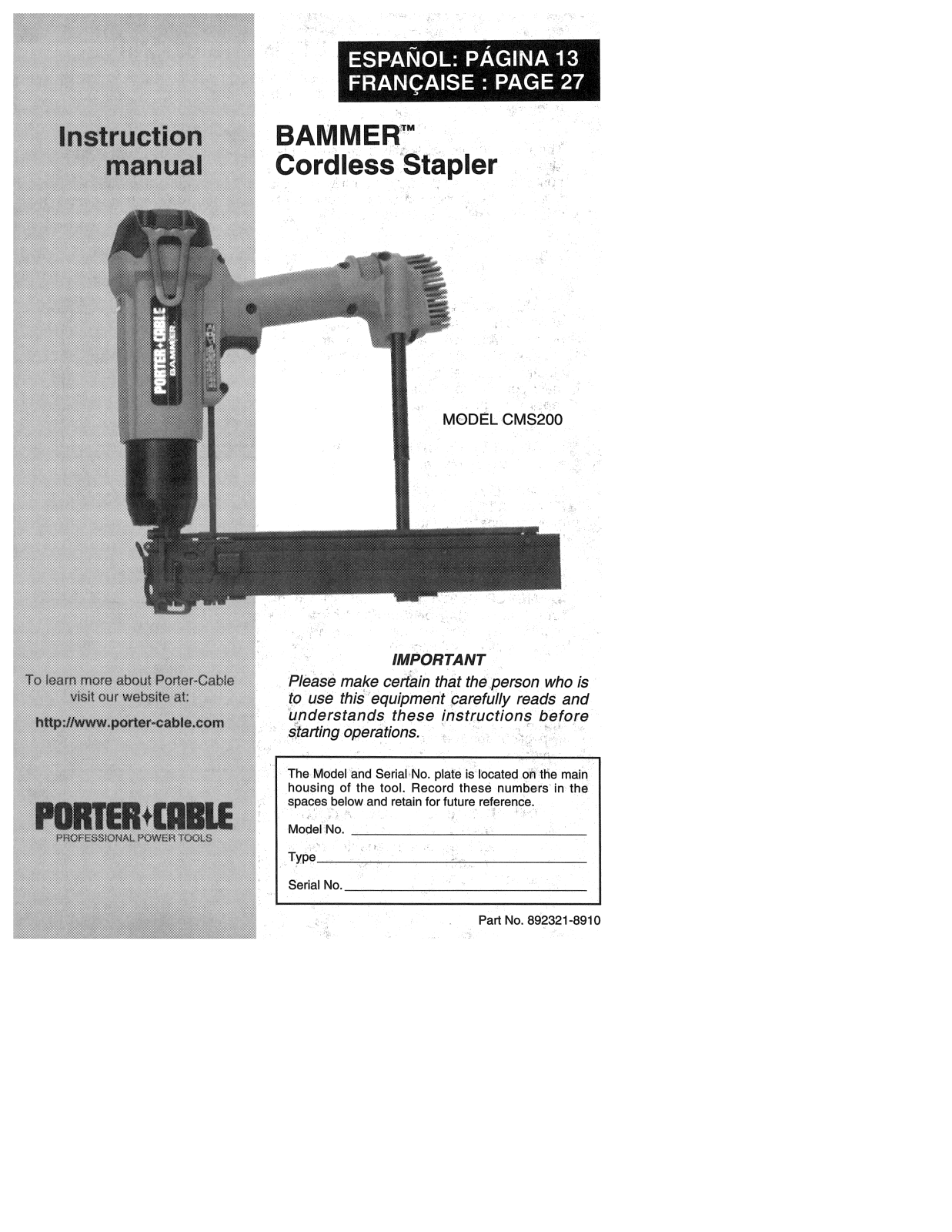 Porter-Cable CMS200, 892321-8910 User Manual