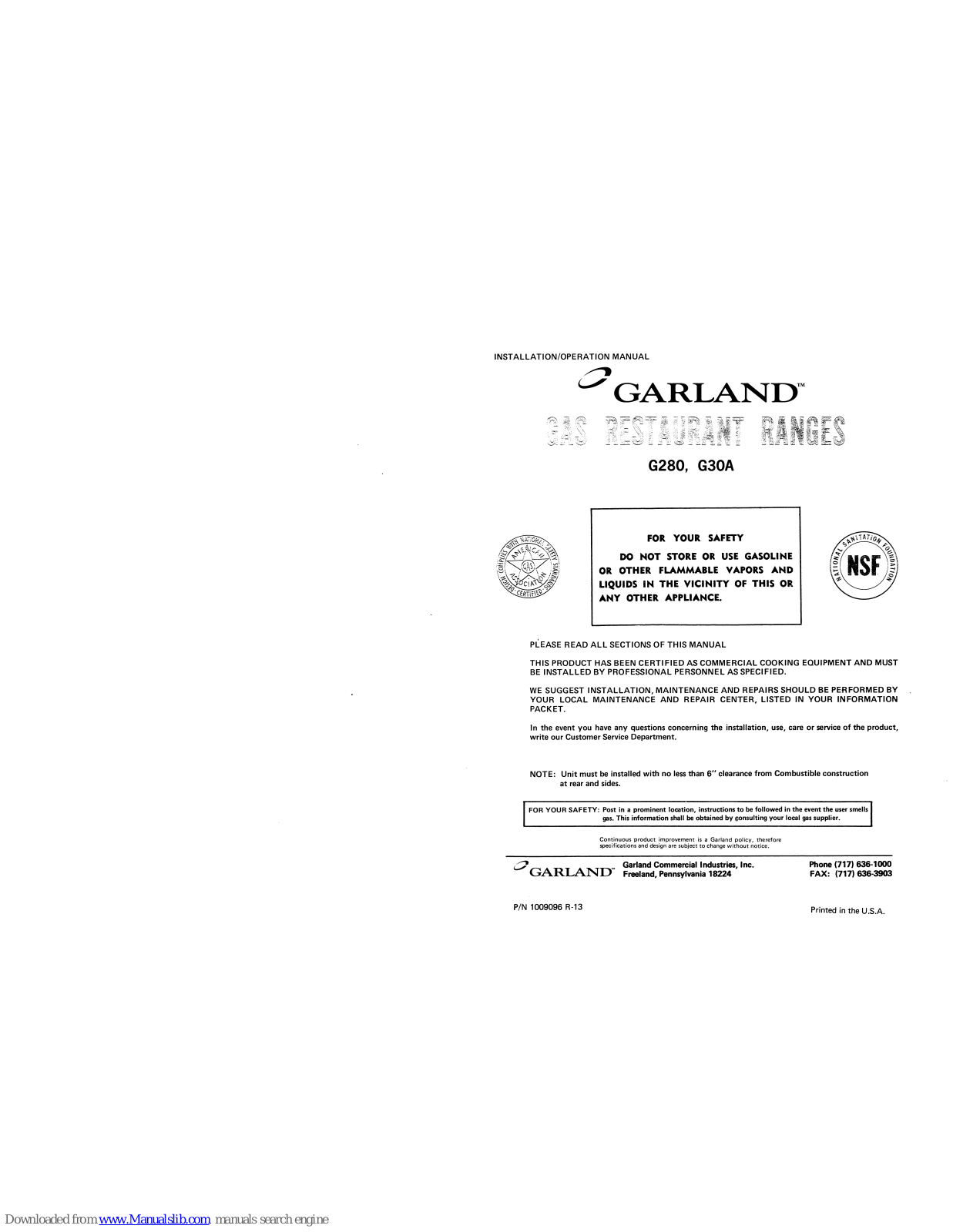 Garland G30A-T, G286, G286RC, G286S, G288 Installation & Operation Manual