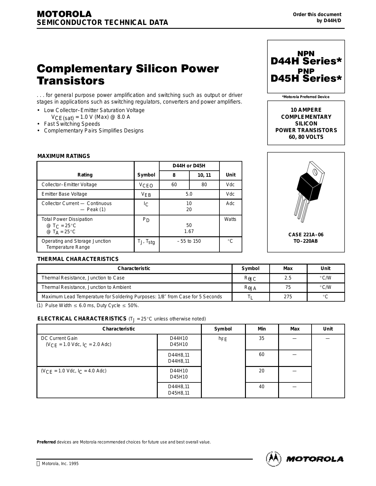 Motorola D45H8, D45H11, D45H10, D44H11, D44H10 Datasheet