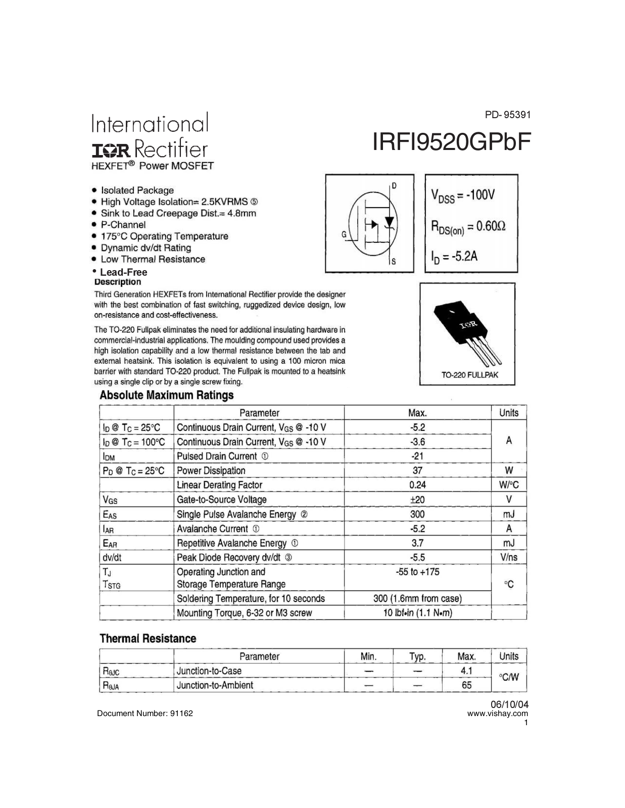 Datasheet irfi9520gpbf Datasheet - ManualMachine.com