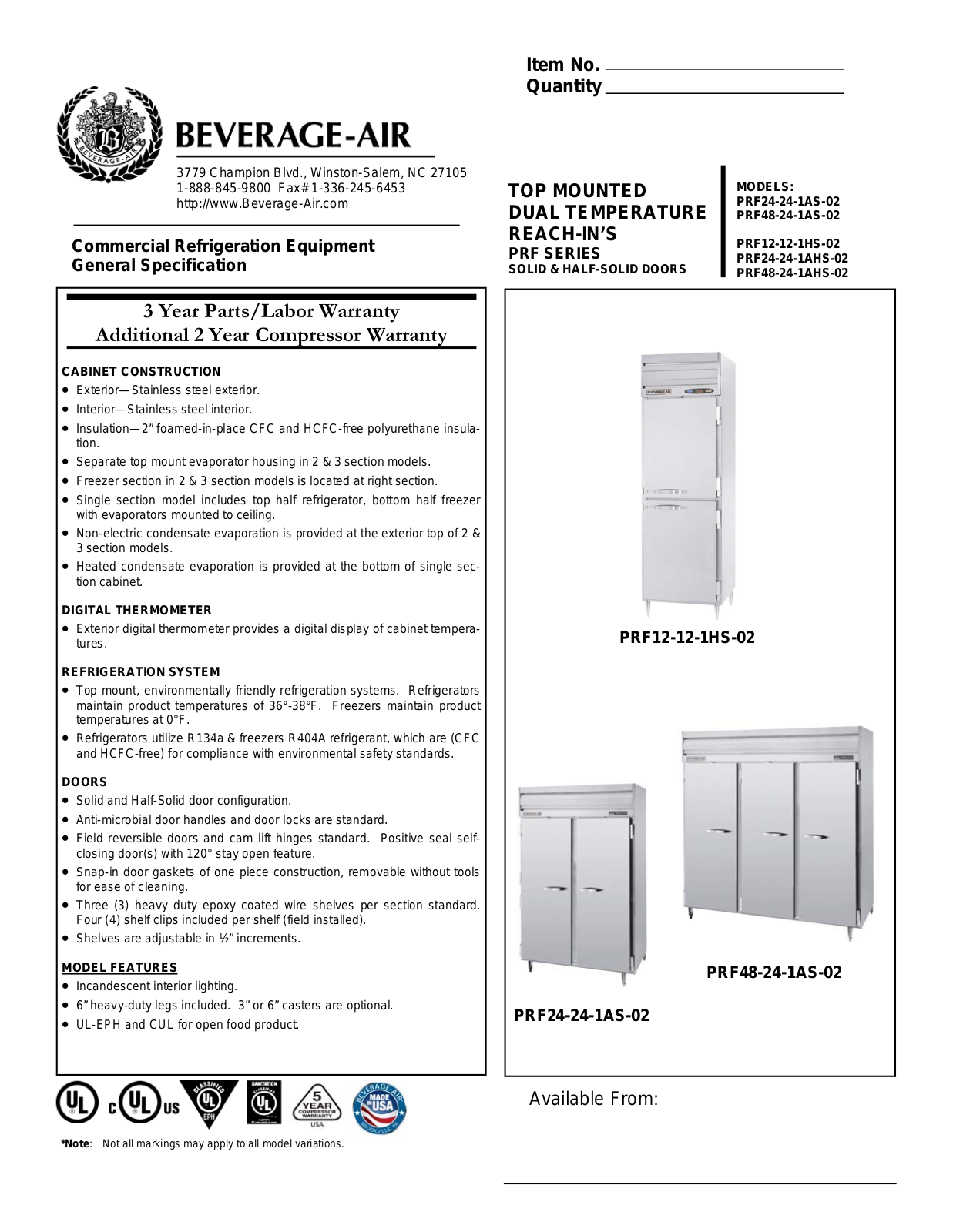 Beverage Air PRF12-12-1HS-02 User Manual