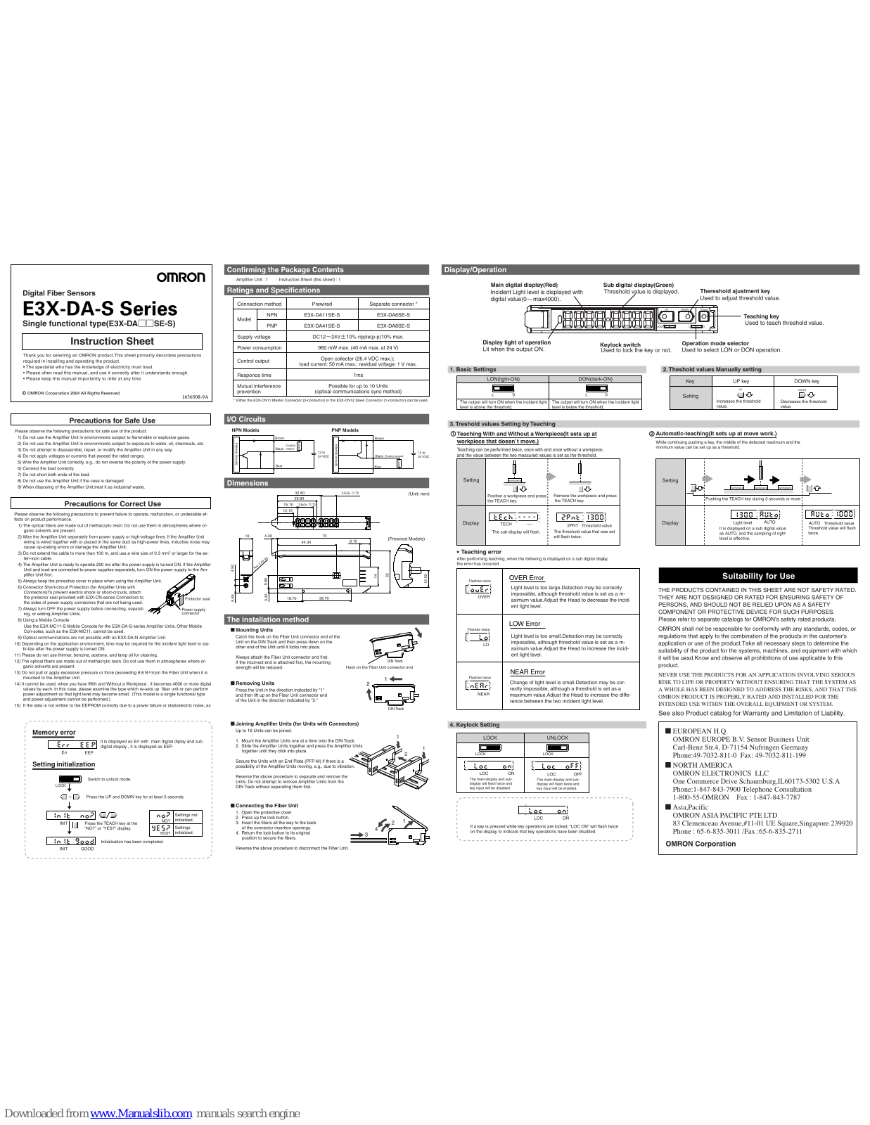 Omron E3X-DA11SE-S, E3X-DA41SE-S, E3X-DA65SE-S, E3X-DA8SE-S Instruction Sheet