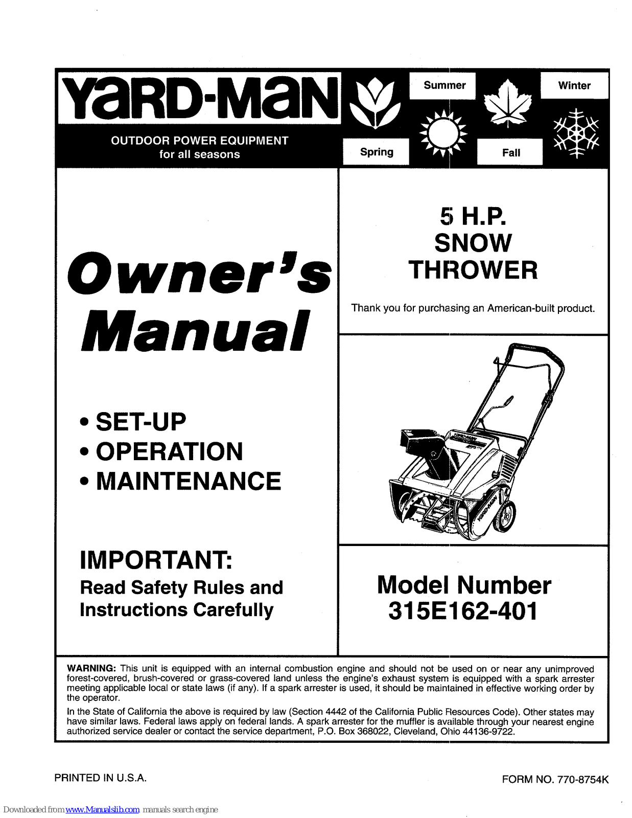 Yard-Man 315E162-401 Owner's Manual