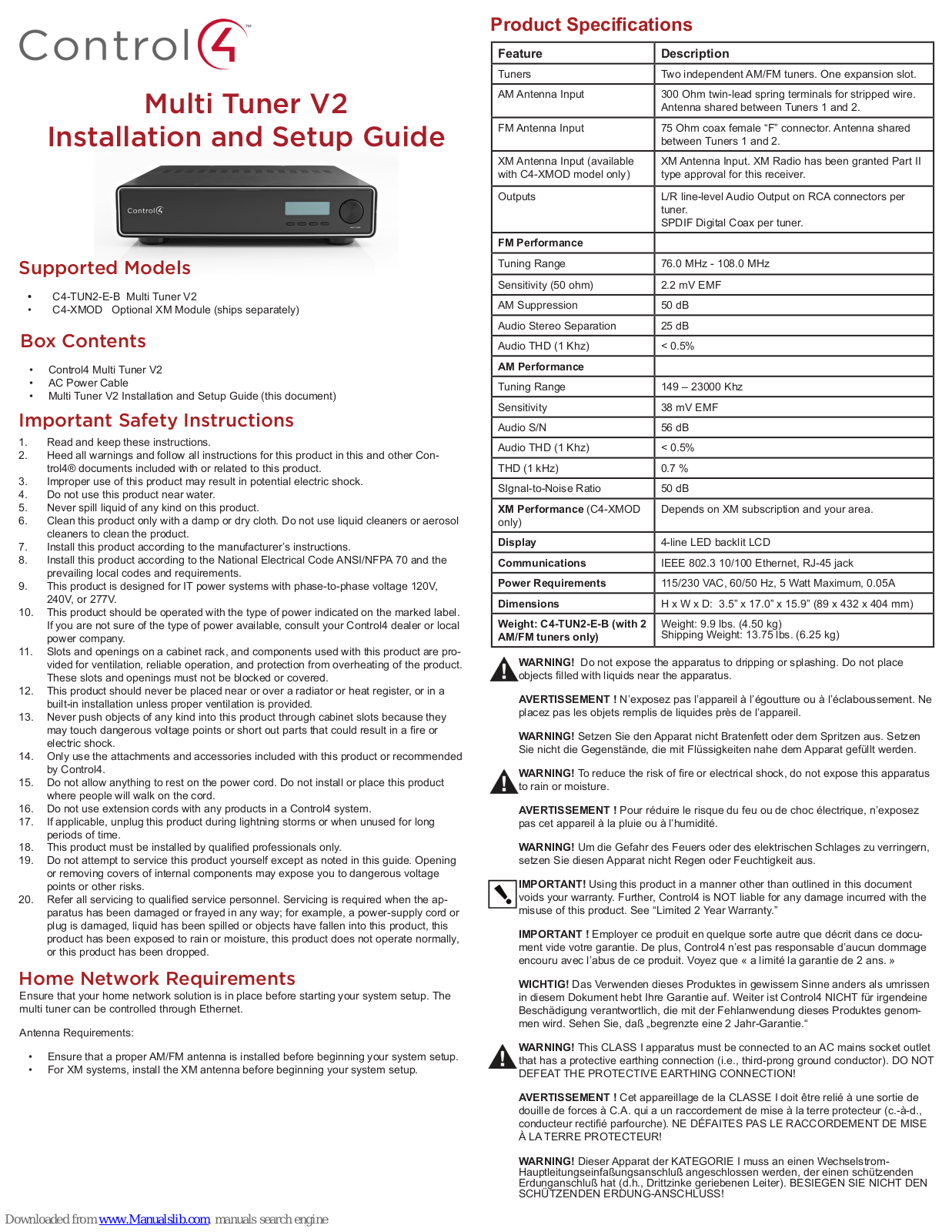 Control 4 Multi Tuner V2, V2 Installation And Setup Manual