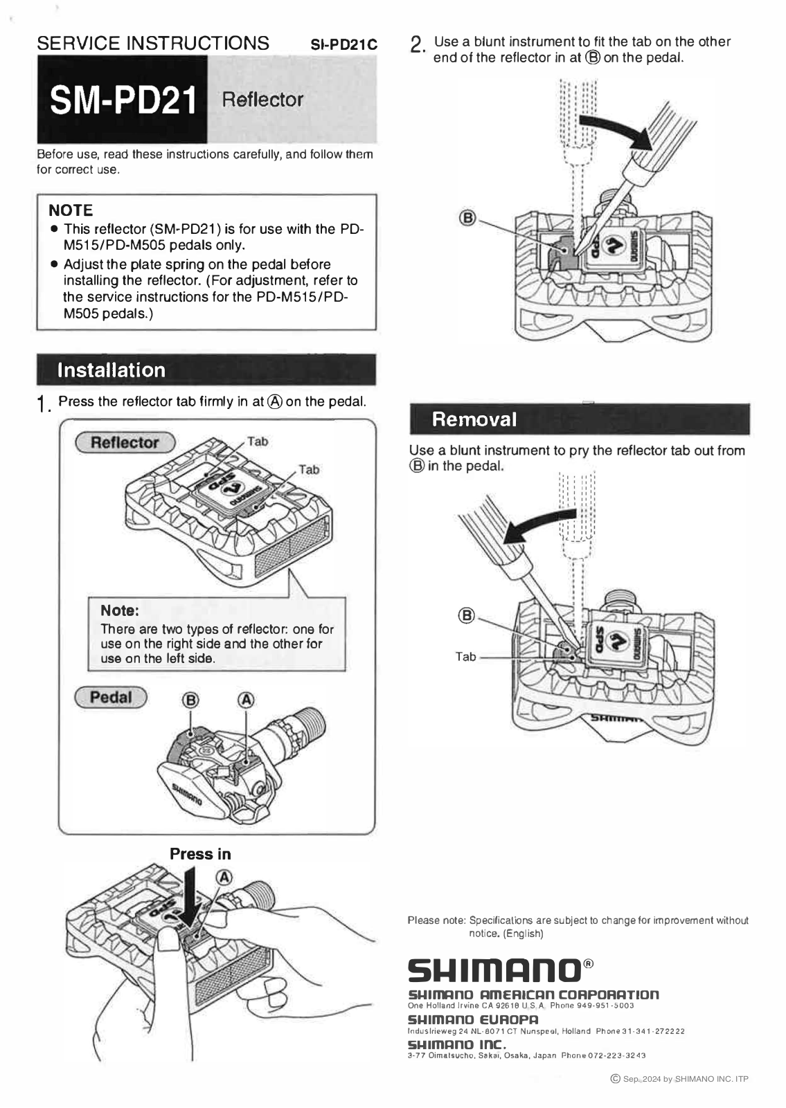Shimano PD-M505, PD-M515, SM-PD21 Service Instructions - ManualMachine.com