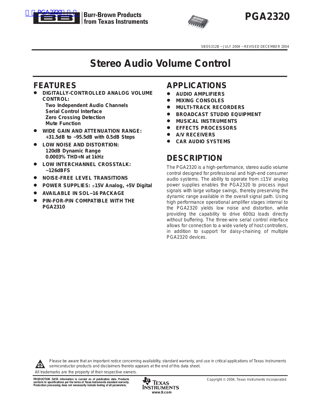 TEXAS INSTRUMENTS PGA2320 Technical data