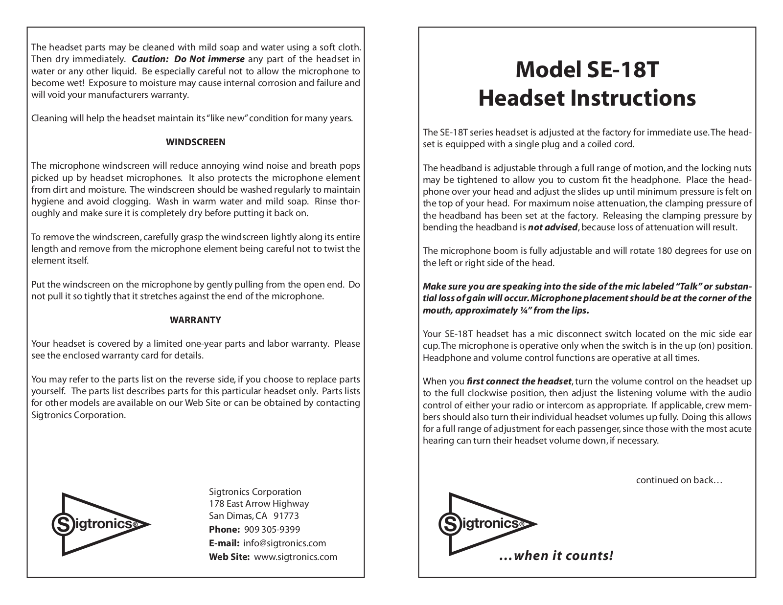 Sigtronics SE-18T User Manual