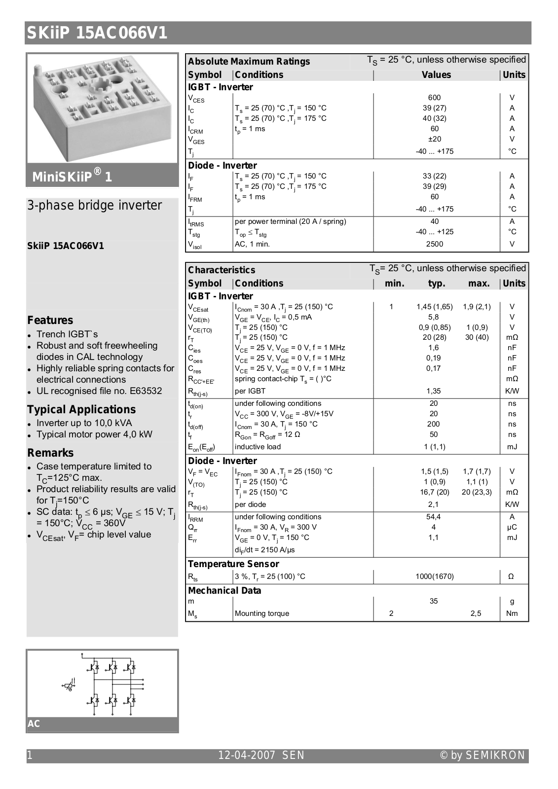 Semikron SKIIP15AC066V1 Data Sheet