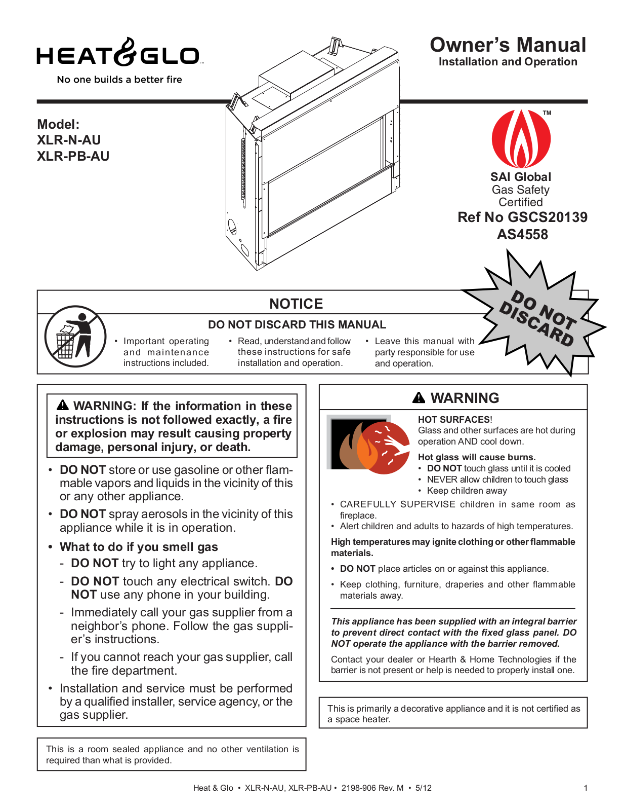 Heat & Glo LifeStyle XLR-N-AU, XLR-PB-AU User Manual