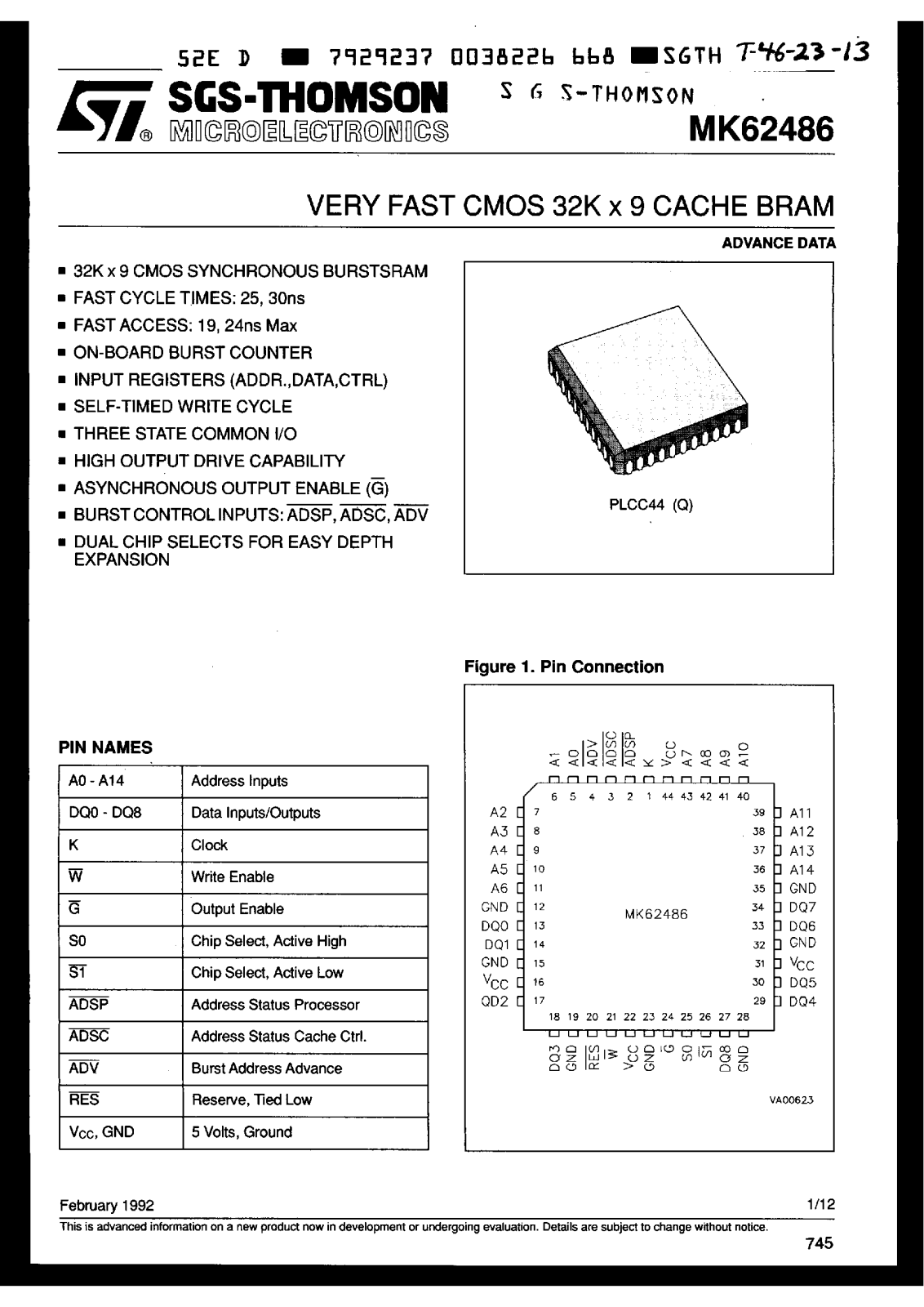 SGS Thomson Microelectronics MK62486Q24, MK62486Q19 Datasheet