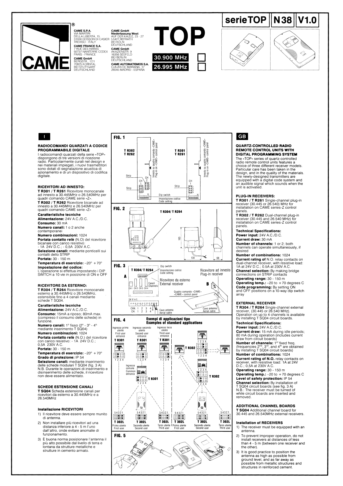 CAME TOP N38 User Manual