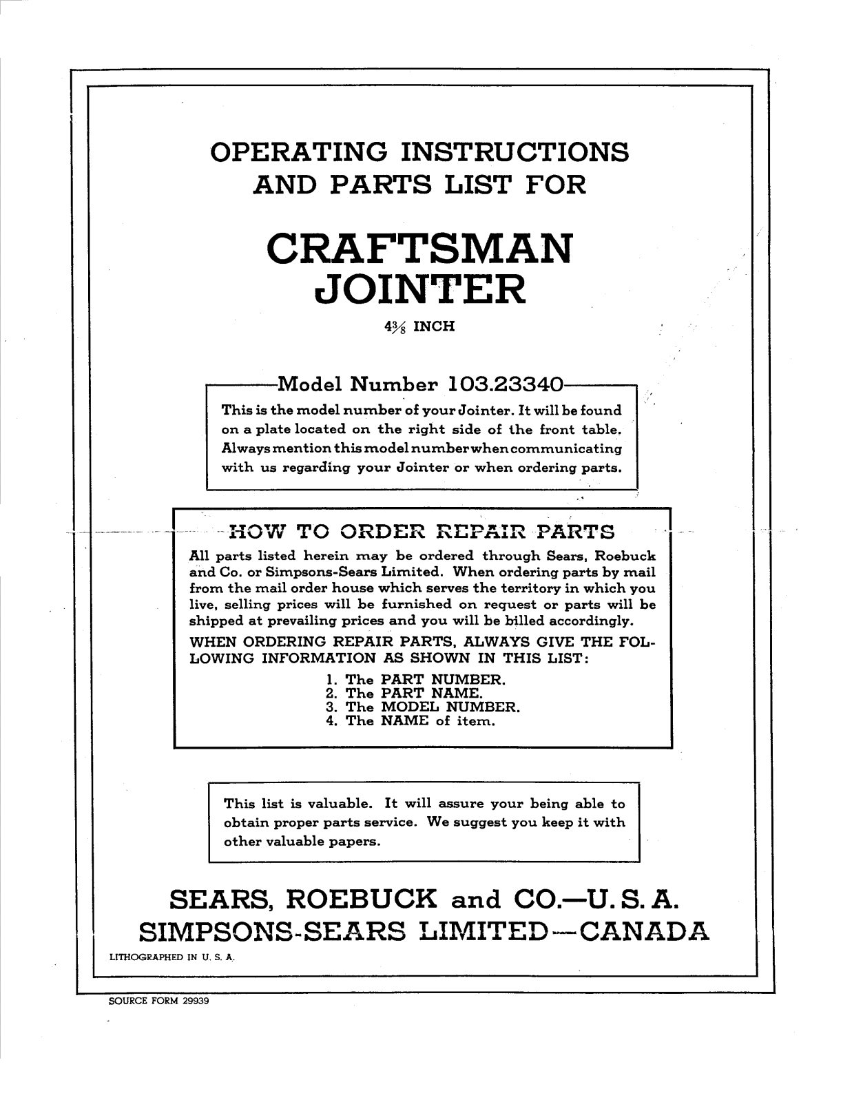 Craftsman 103.23340 User Manual