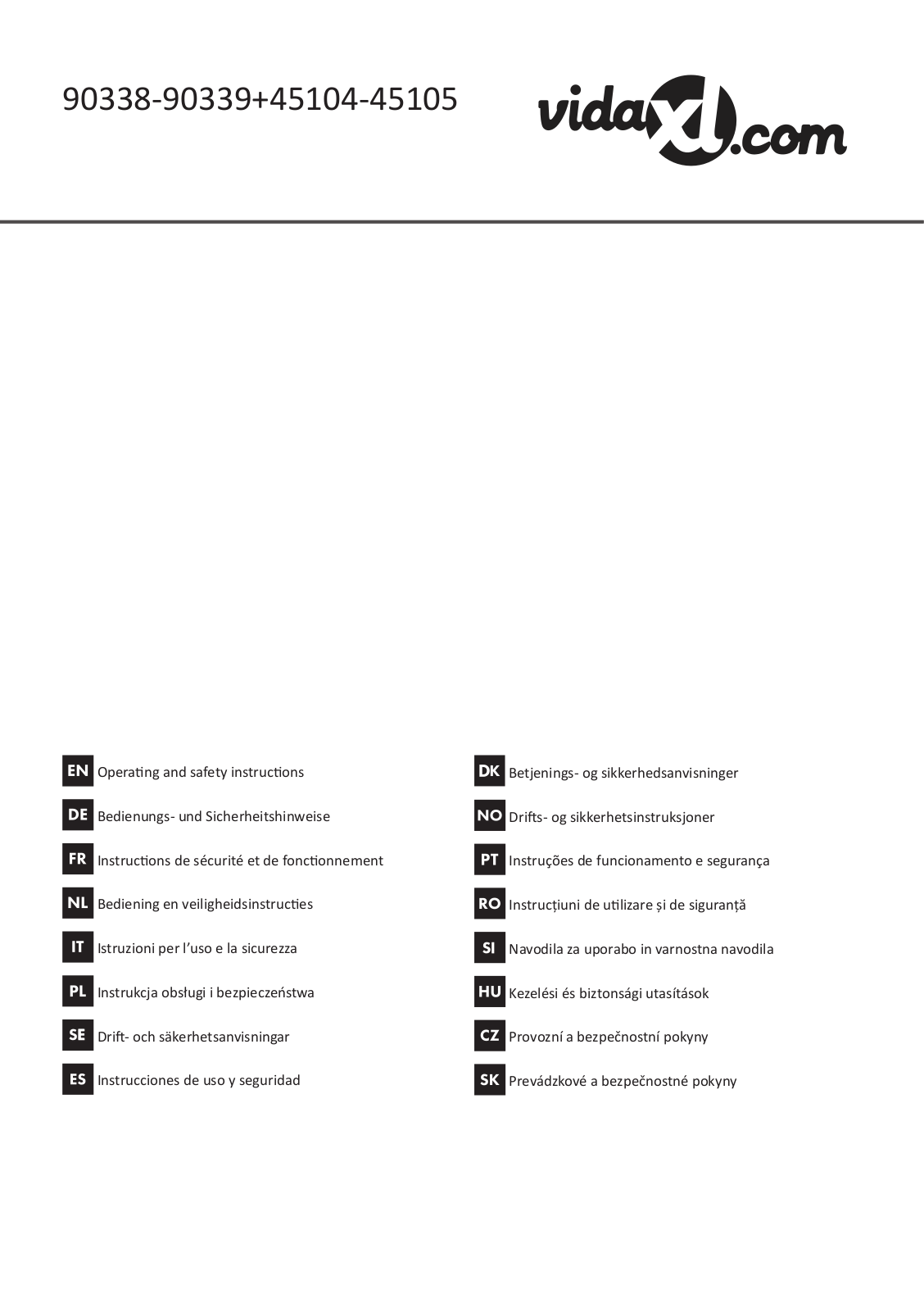 vidaXL 90338, 90339, 45104, 45105 Operating And Safety Instructions Manual