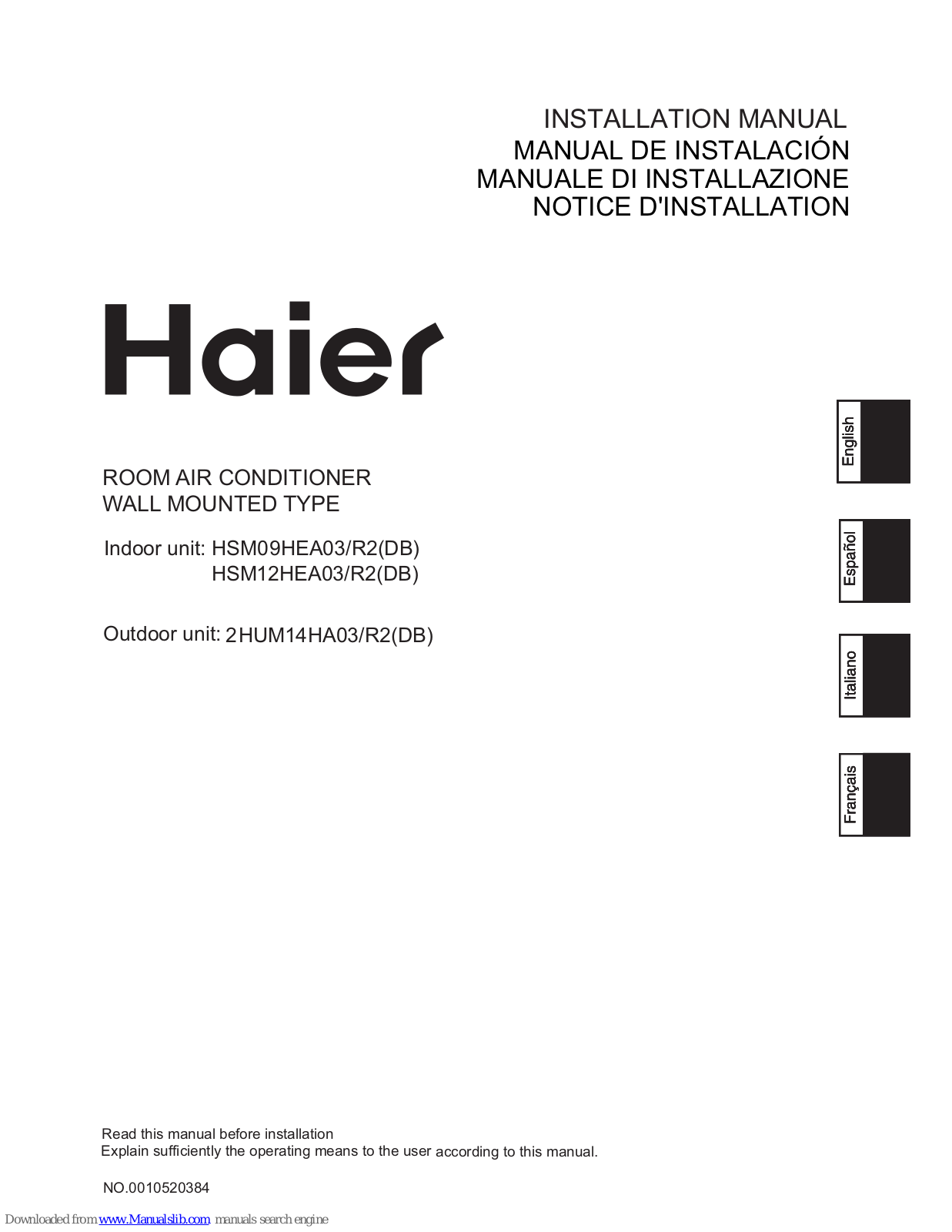 Haier HSM09HEA03/R2(DB), HSM12HEA03/R2(DB), 2HUM14HA03/R2(DB) Installation Manual