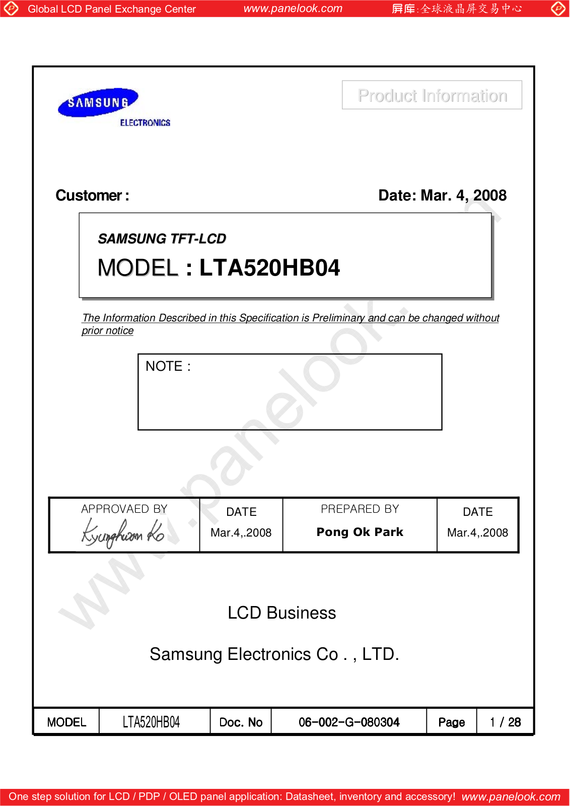 SAMSUNG LTA520HB04 Specification