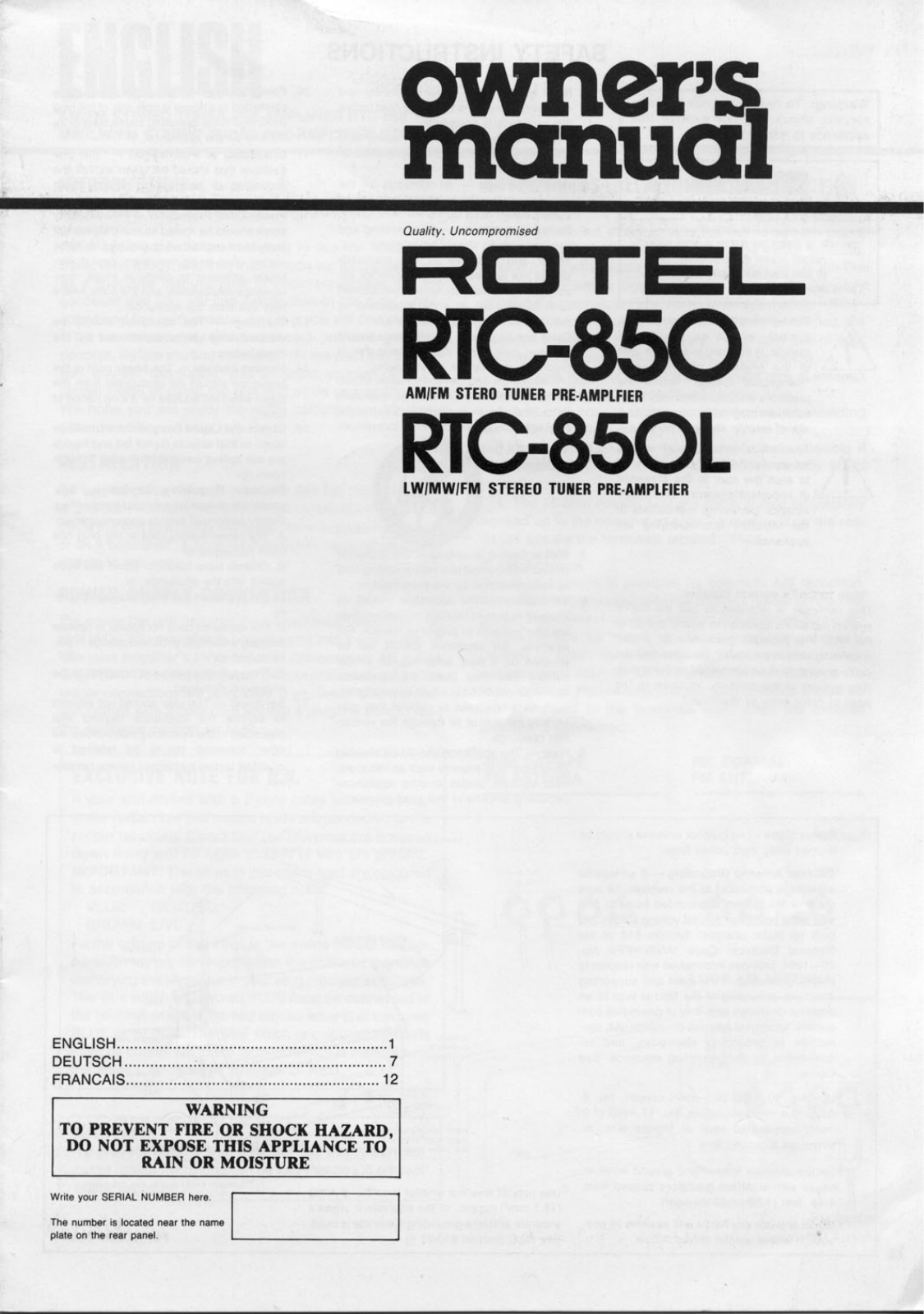 Rotel RTC-850L, RTC-850 User Manual