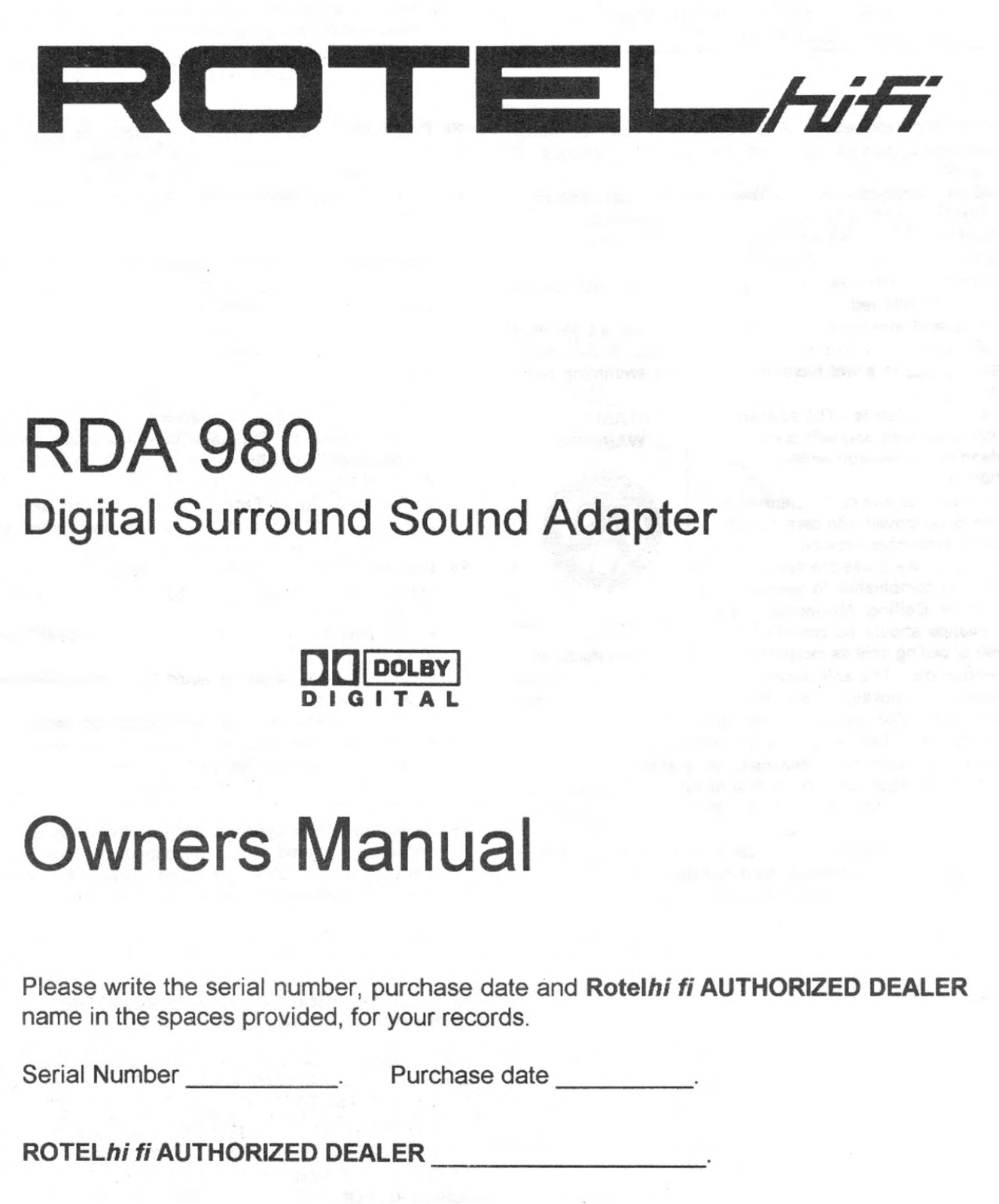 Rotel RDA 980 User Manual