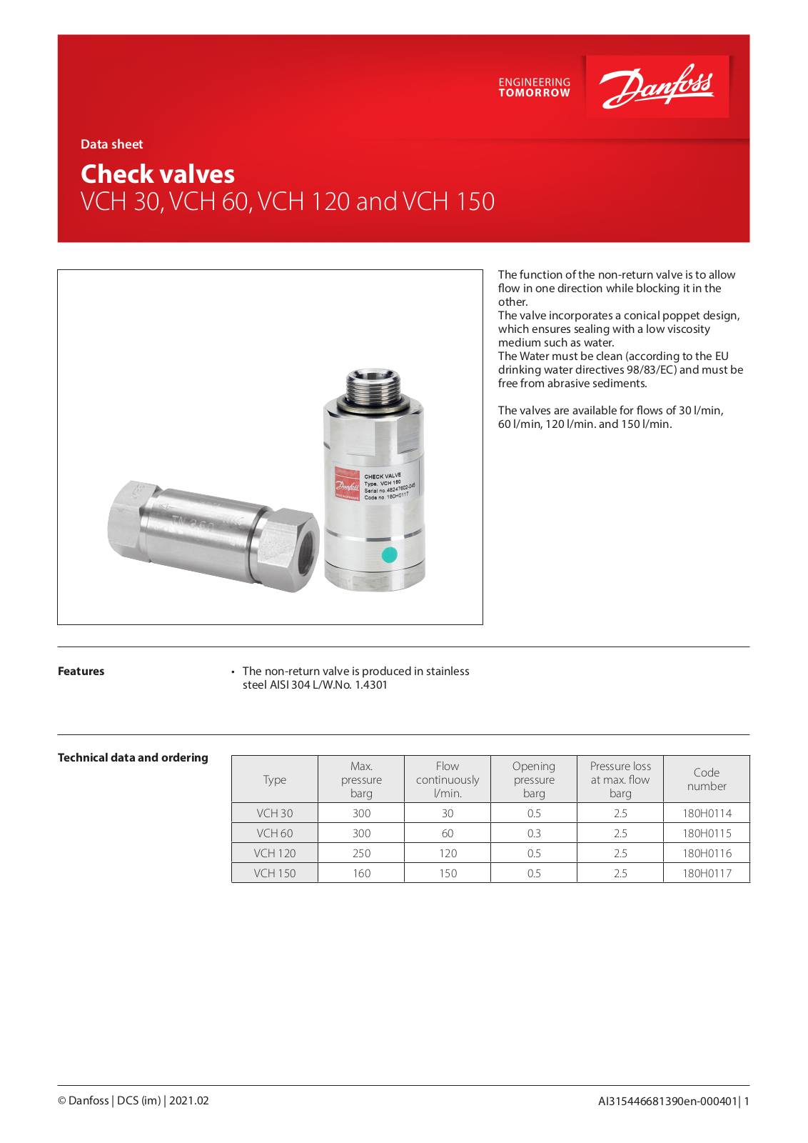 Danfoss VCH 30, VCH 60, VCH 120, VCH 150 Data sheet - ManualMachine.com
