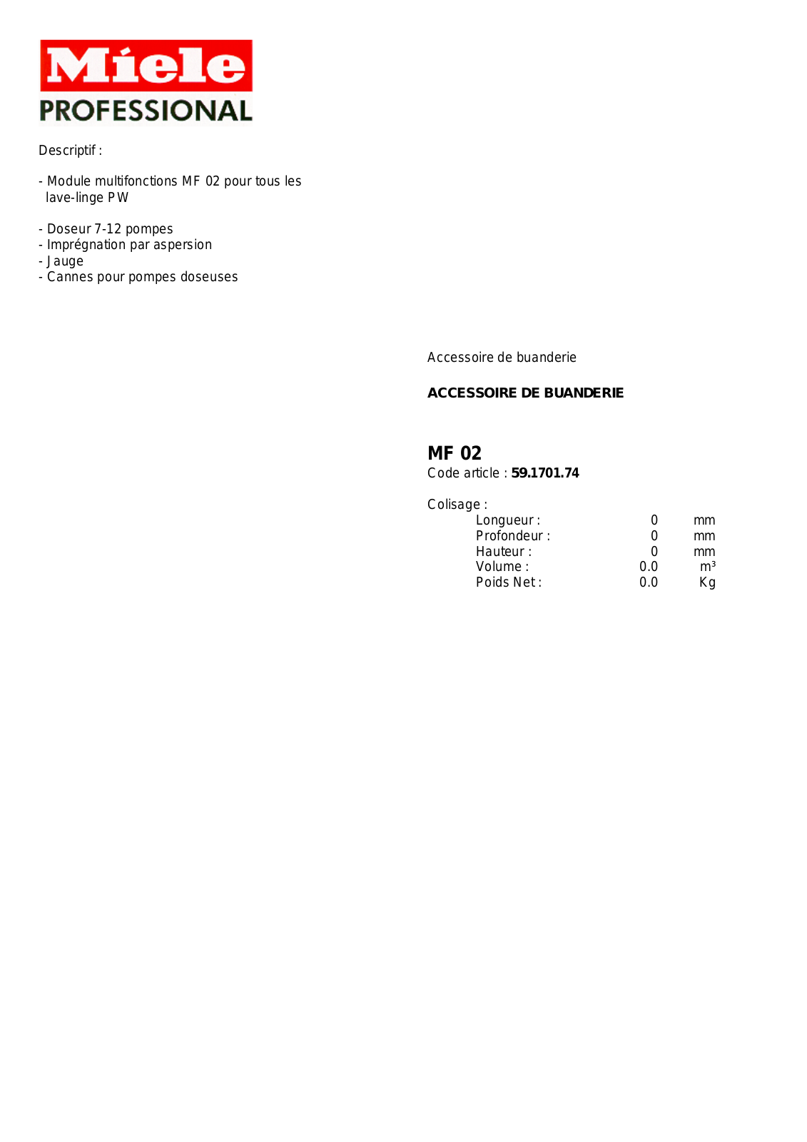 MIELE MF 02 DESCRIPTIF User Manual