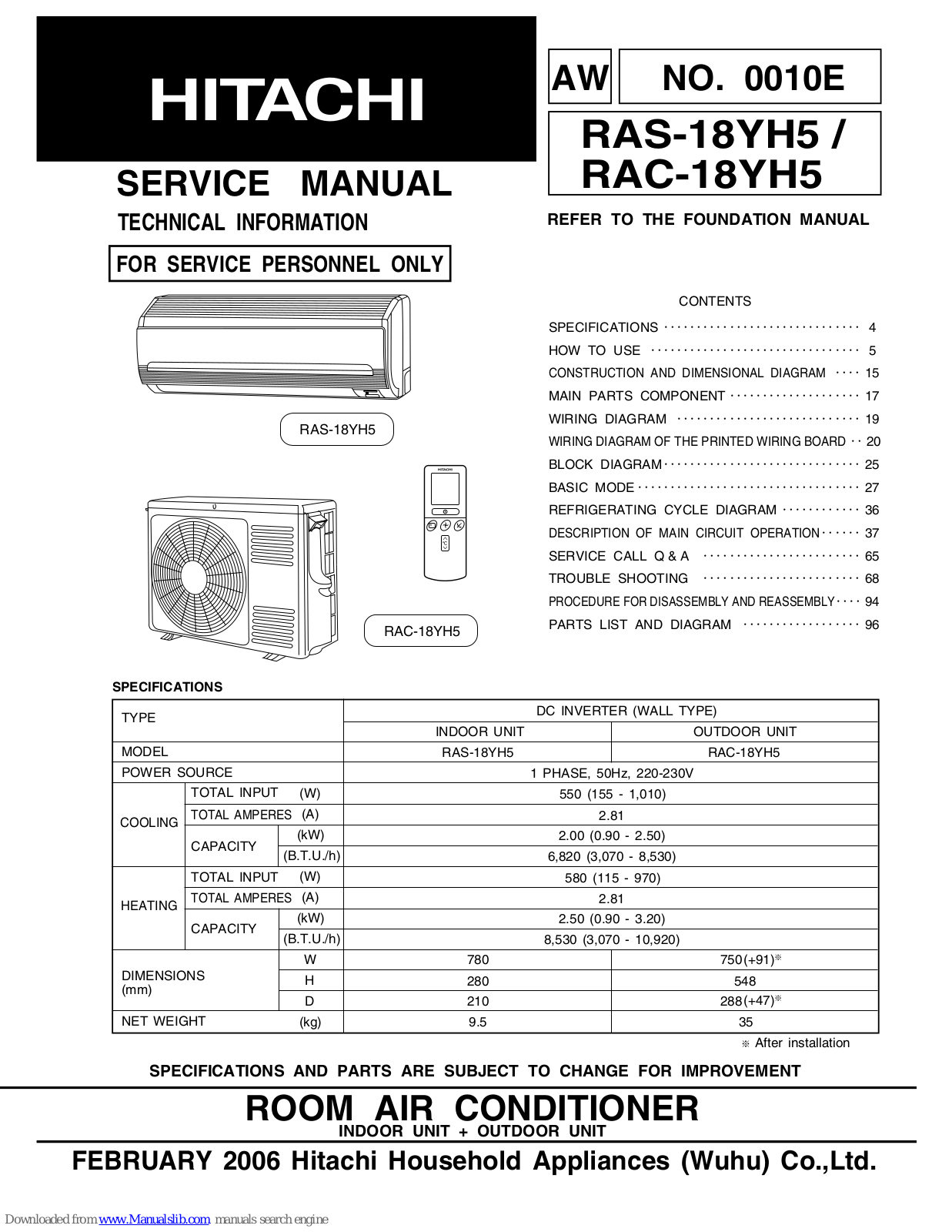 Hitachi RAS-18YH5, RAC-18YH5 Service Manual