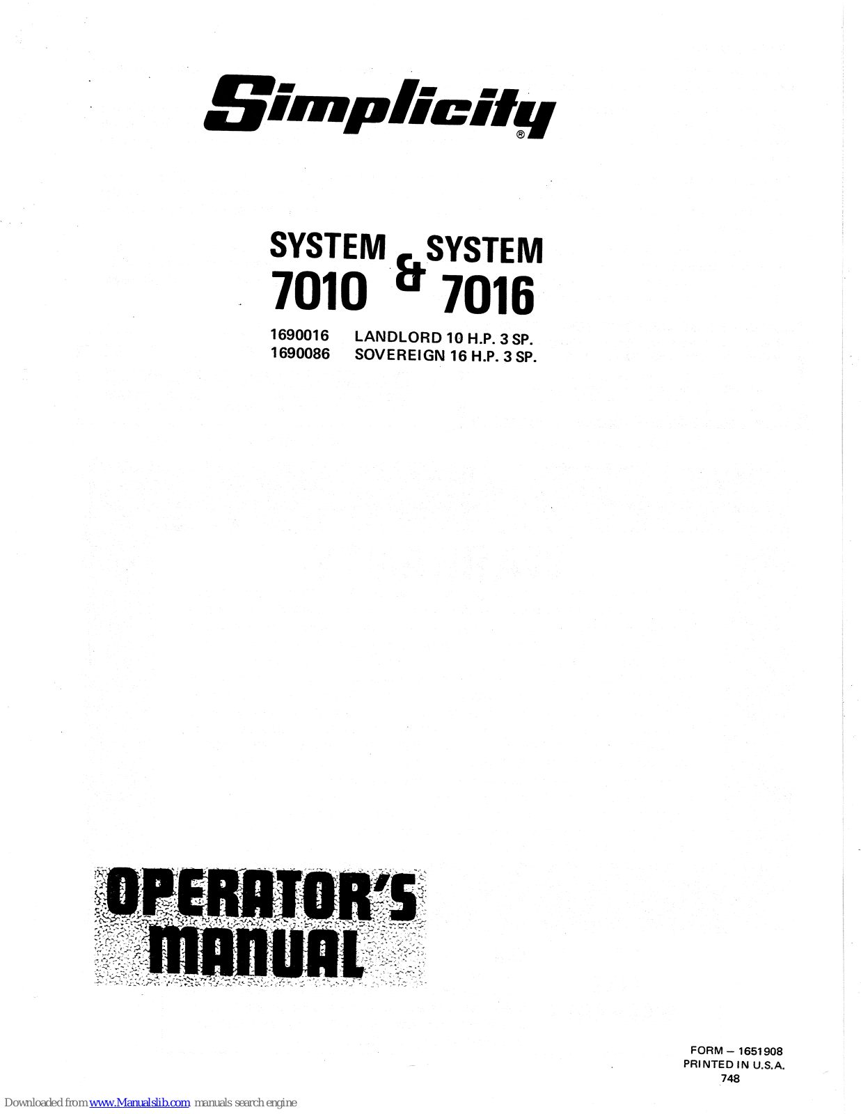 Simplicity System 7010,7016,Landlord 1690016,Sovereign 1690086 Operator's Manual