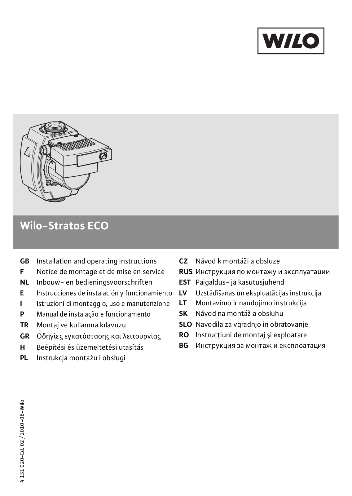 Wilo Stratos ECO, Stratos ECO-Z 25/1-5, Stratos ECO 25/1-3, Stratos ECO 30/1-3, Stratos ECO 25/1-5 Installation And Operating Instructions Manual