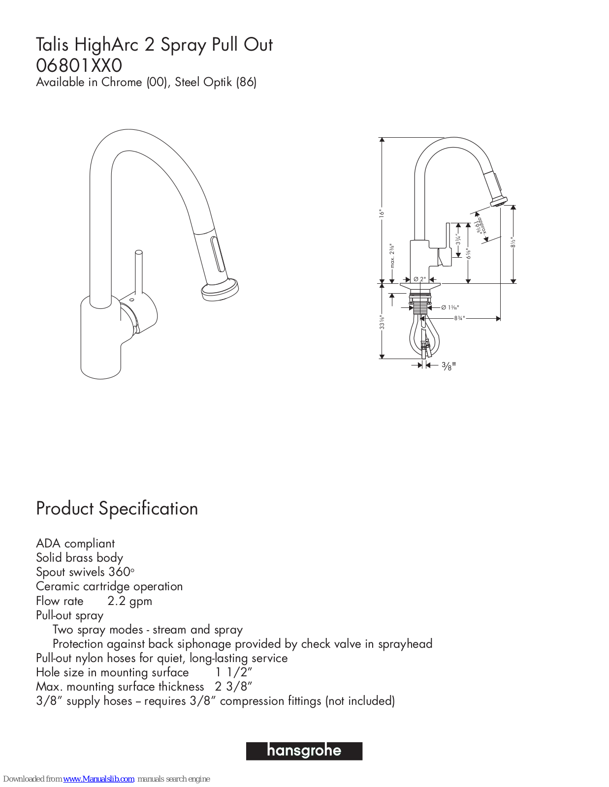 Hansgrohe 06801000, 06801860 Product Specification